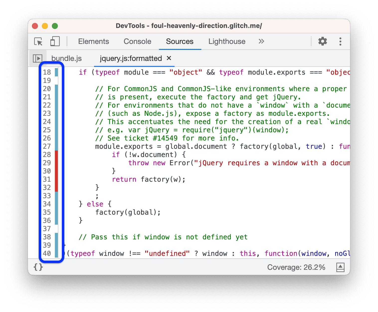 Melihat file jQuery di panel Sumber.