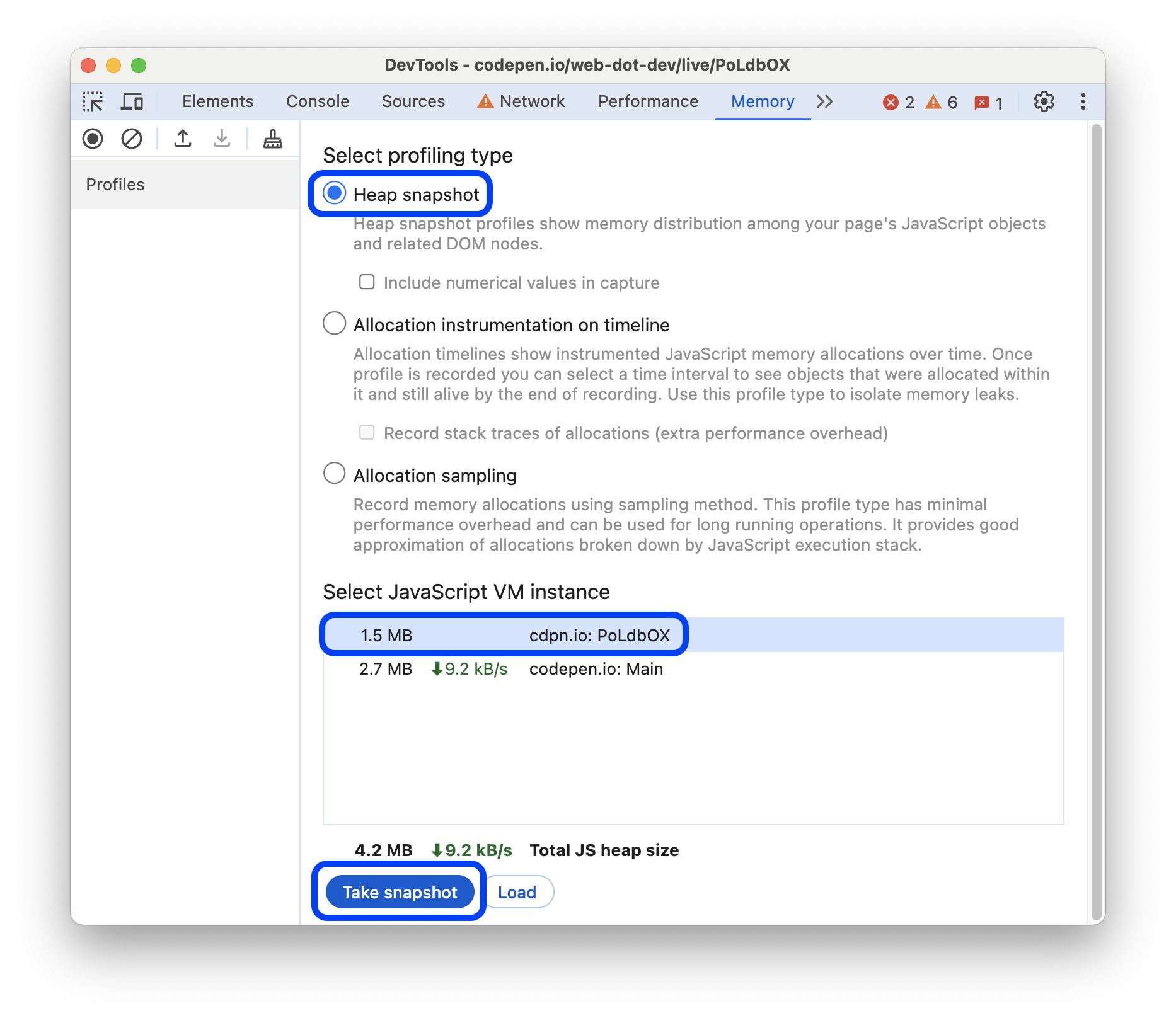 Jenis pembuatan profil yang dipilih dan instance JavaScript VM.