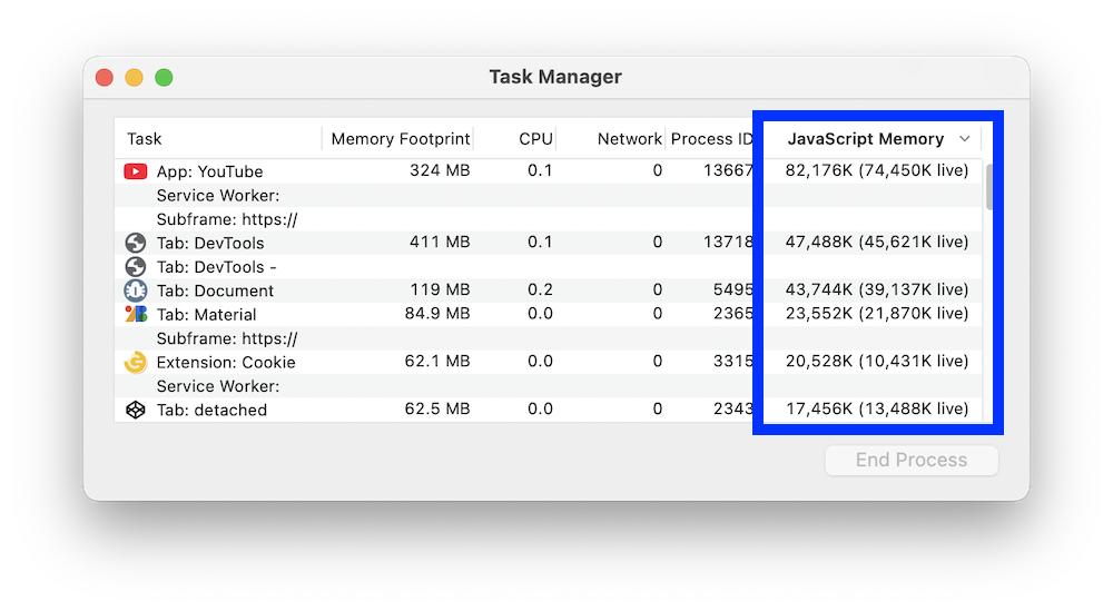 Task Manager con l&#39;intestazione della memoria JavaScript attivata.