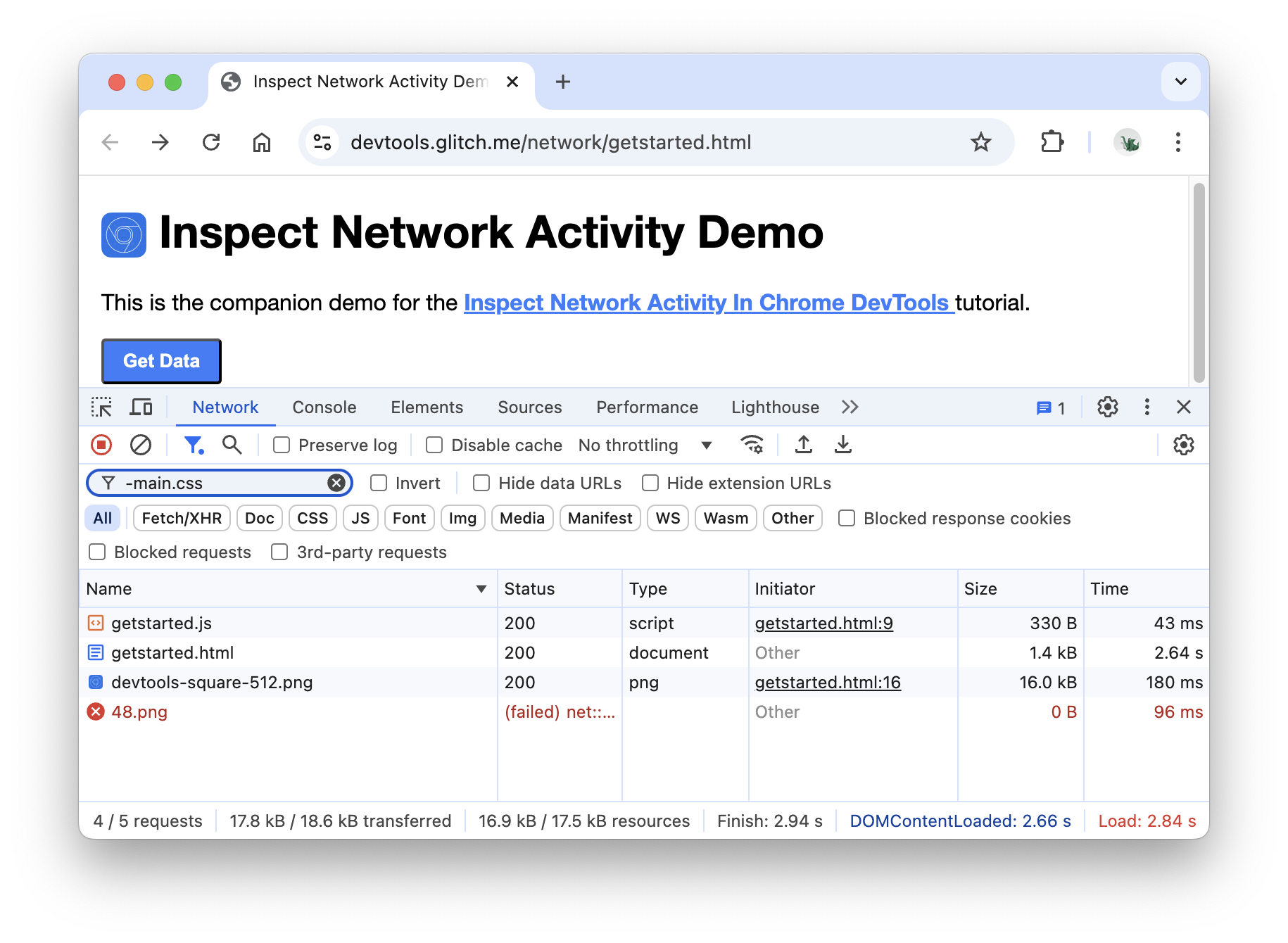 Negative filtering results in the Network log.