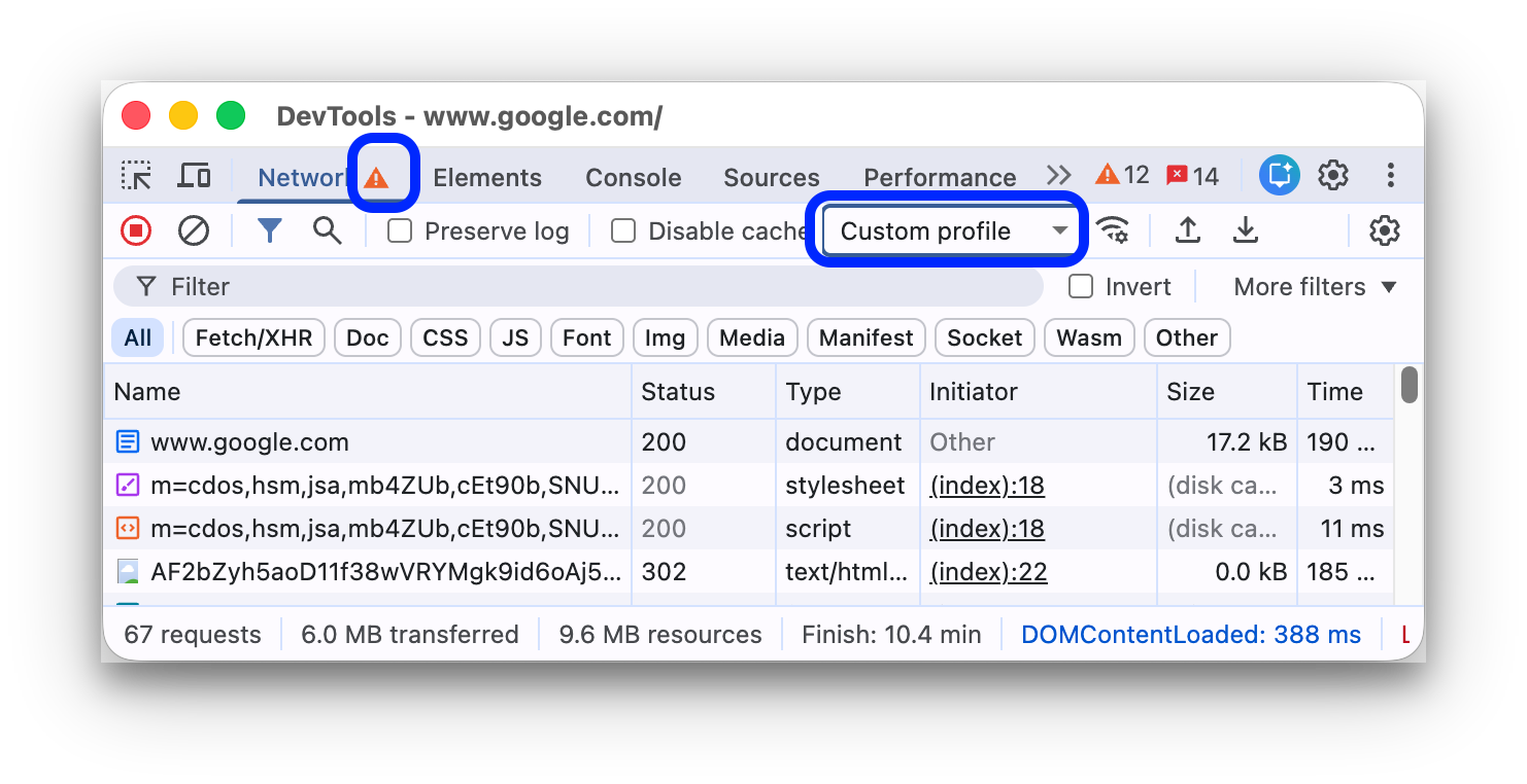 A custom profile selected from the throttling menu. The Network panel displays a warning icon.