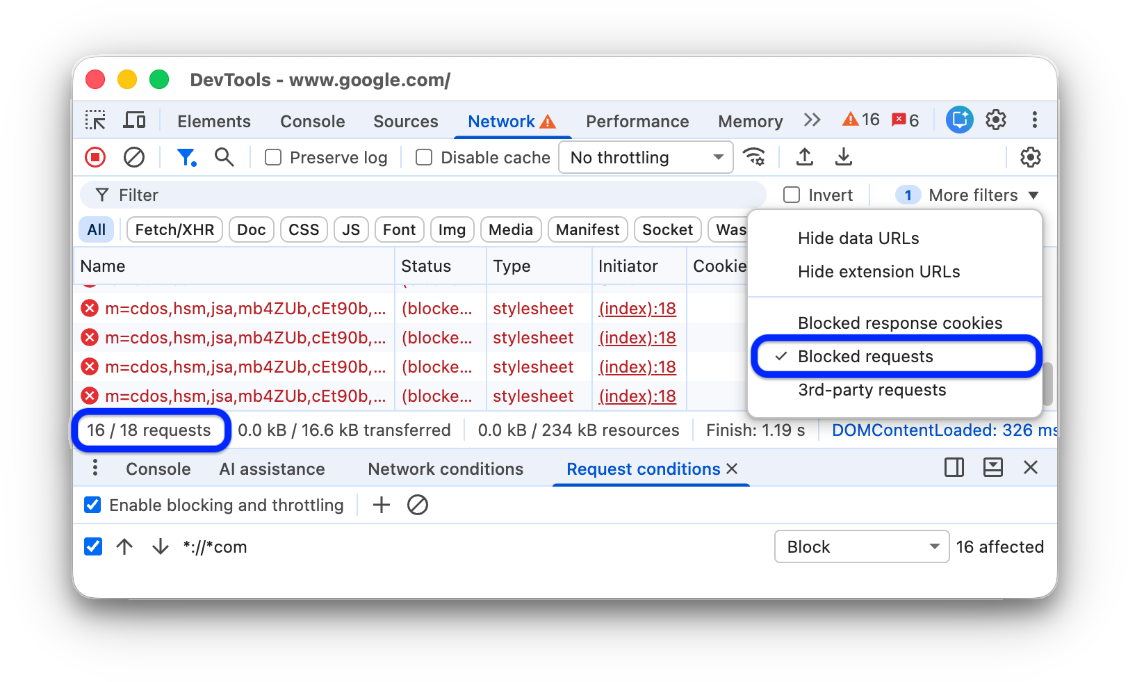 The Requests table shows only blocked requests.