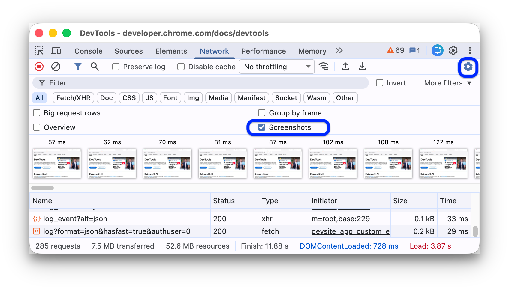 An example showing captured frames of the page loading.