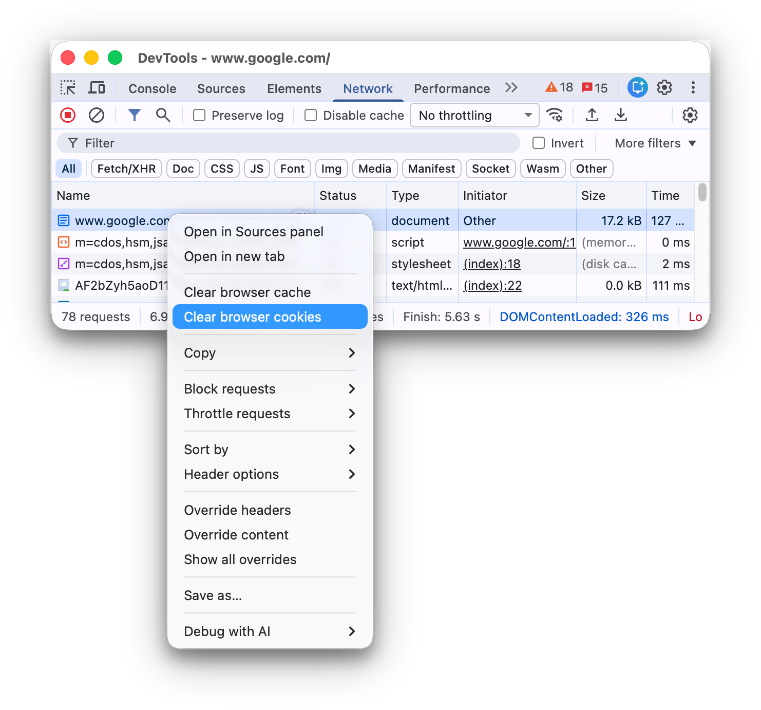 Context menu option to clear browser cookies.