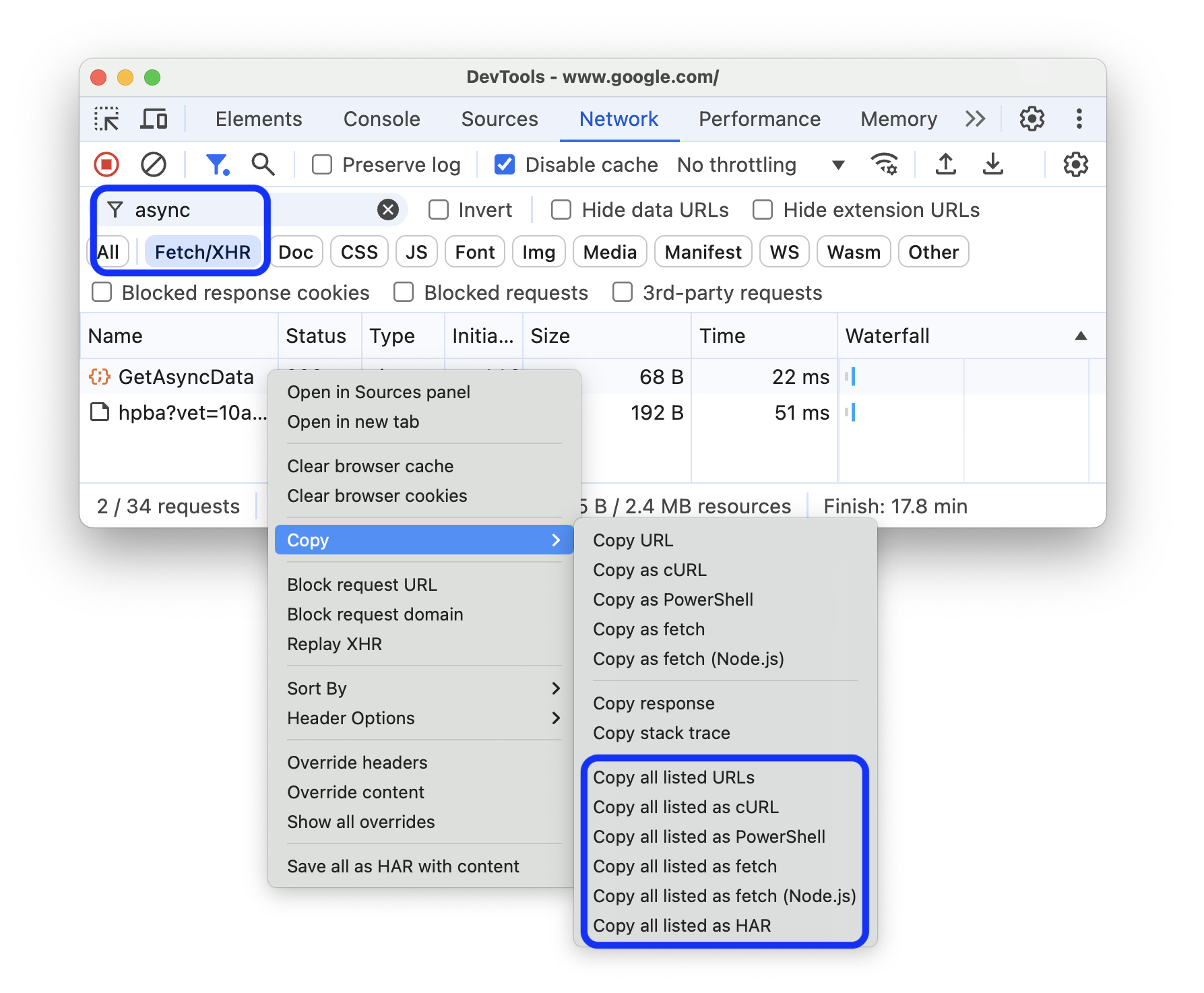 Copy options for a filtered set of requests.