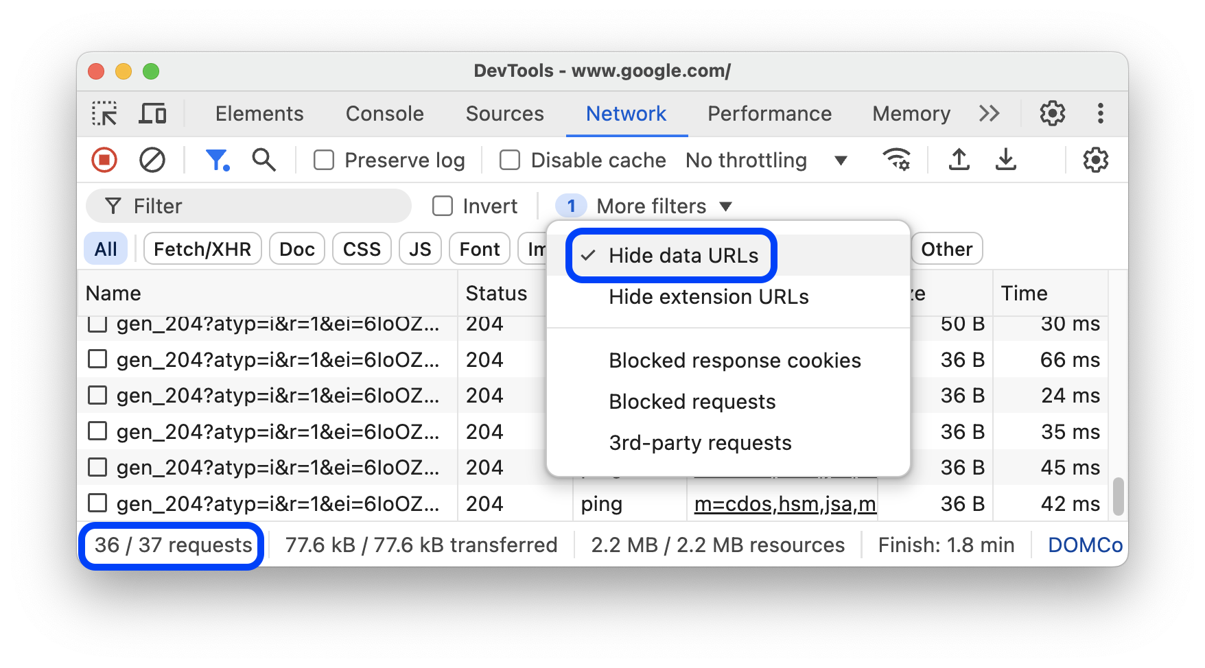 URL data disembunyikan dari tabel Permintaan.