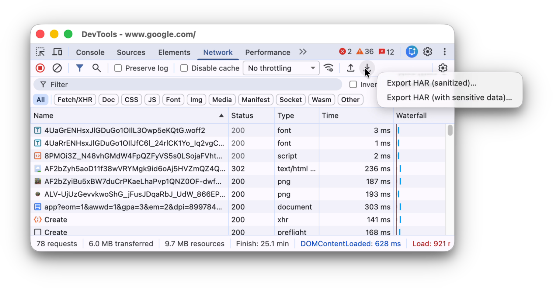 The 'Export HAR' button in the action bar at the top with two export options enabled.