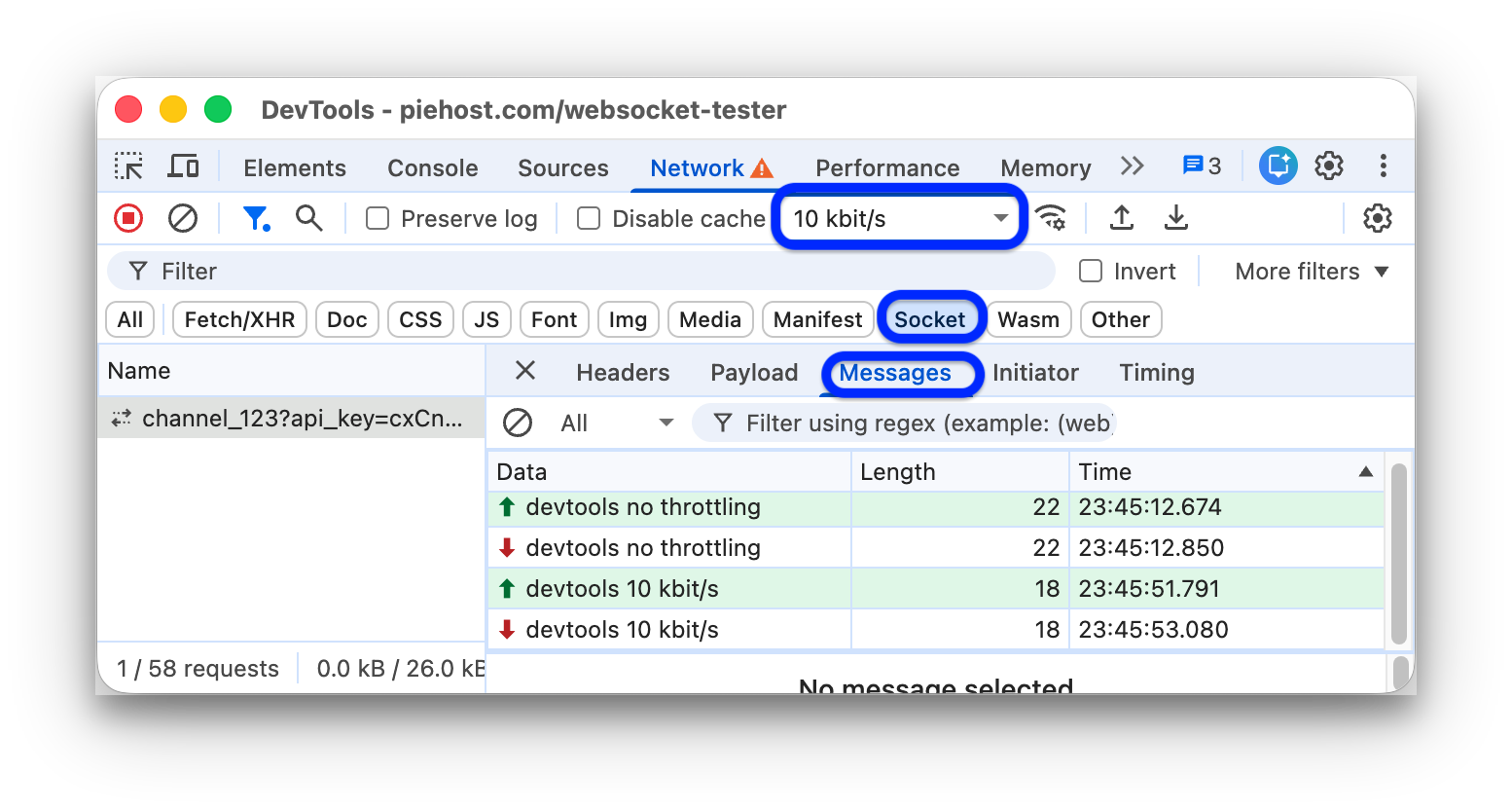 Messages sent and echoed with and without throttling.