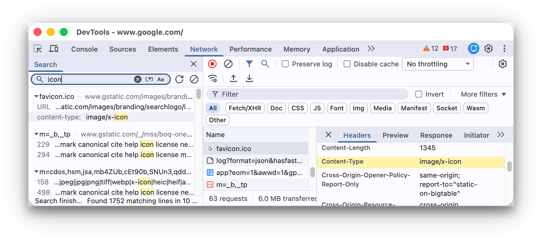 The Search tab on the right in the Network panel.