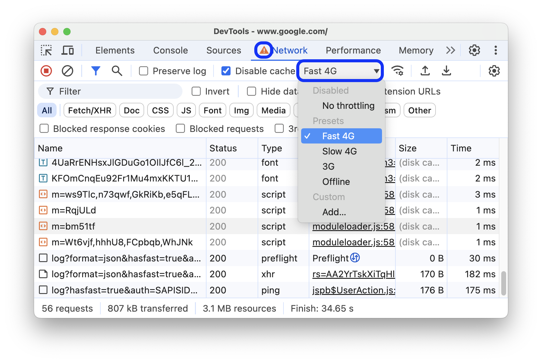 Il menu a discesa per la limitazione della rete con i preset.