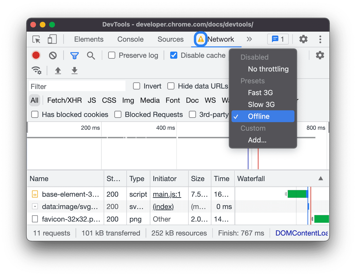 Offline selezionato dal menu a discesa.