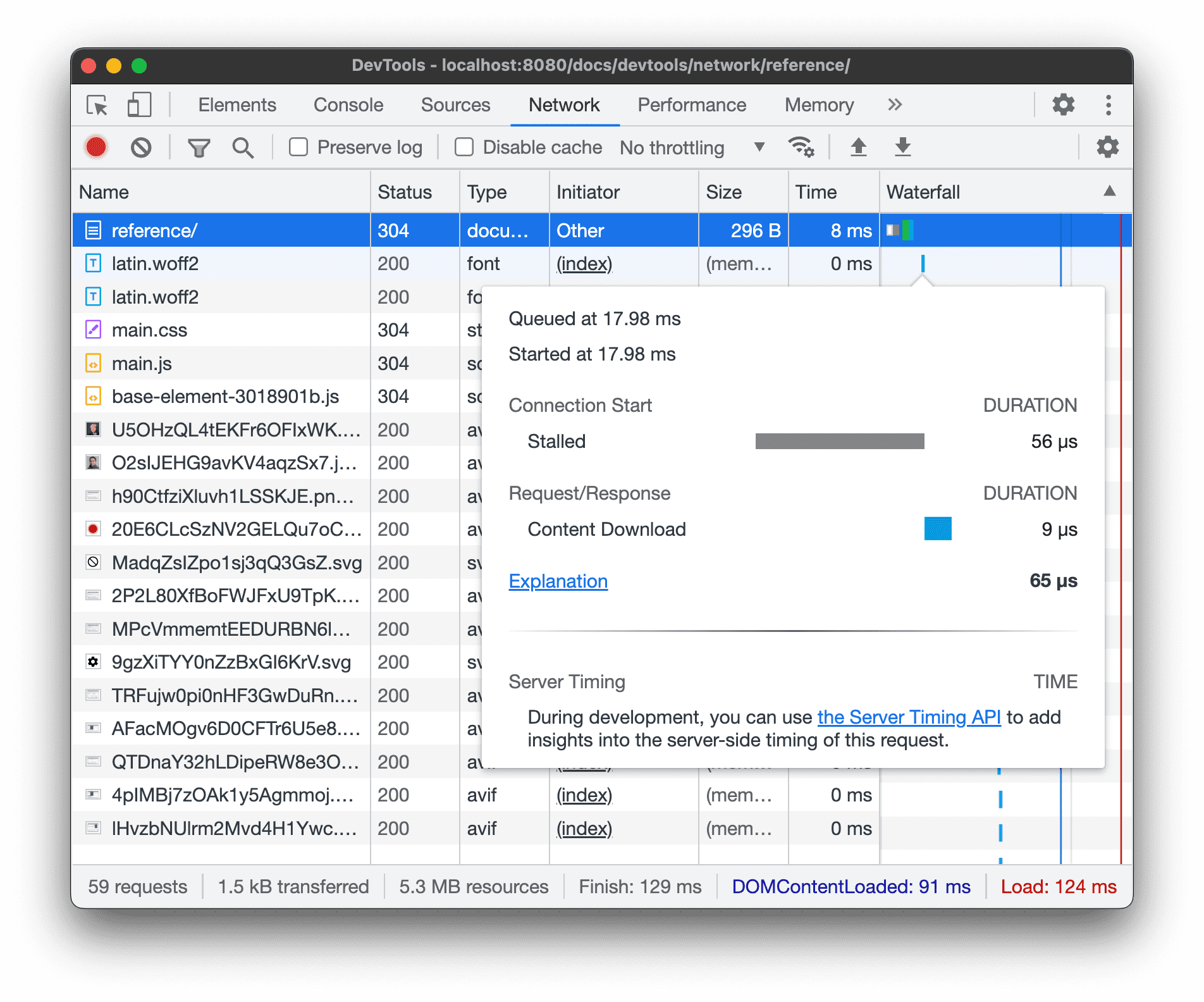 リクエストのタイミングの内訳をプレビューする。