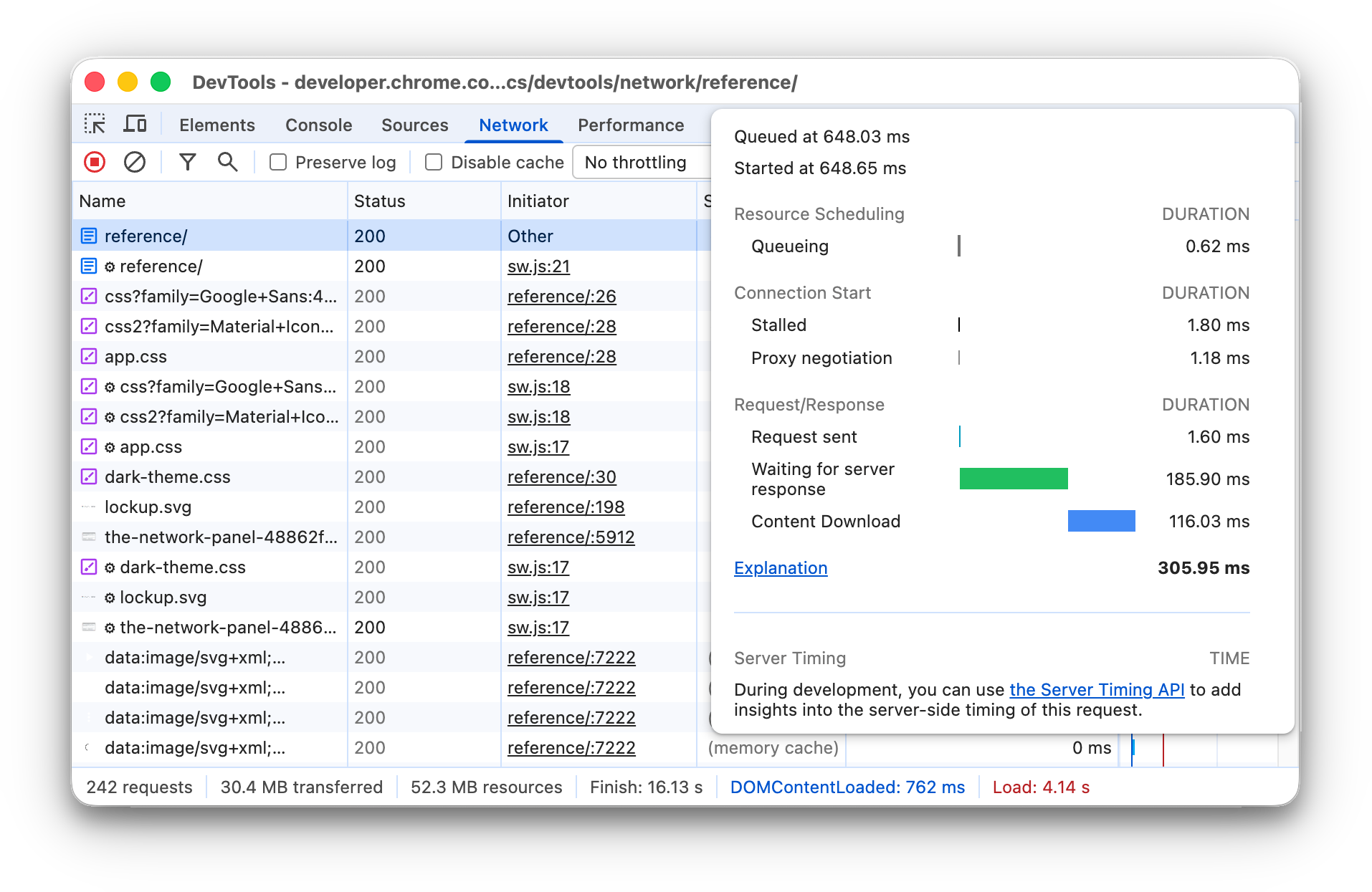 Previewing the timing breakdown of a request.