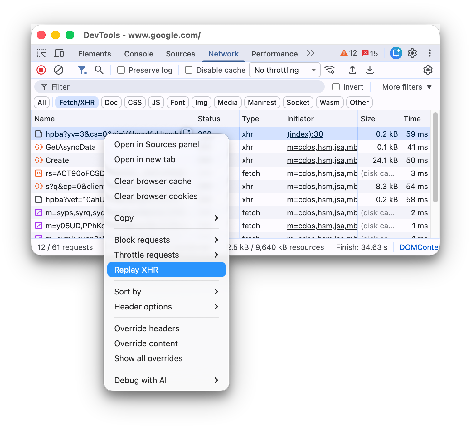 Context menu option to replay an XHR request.
