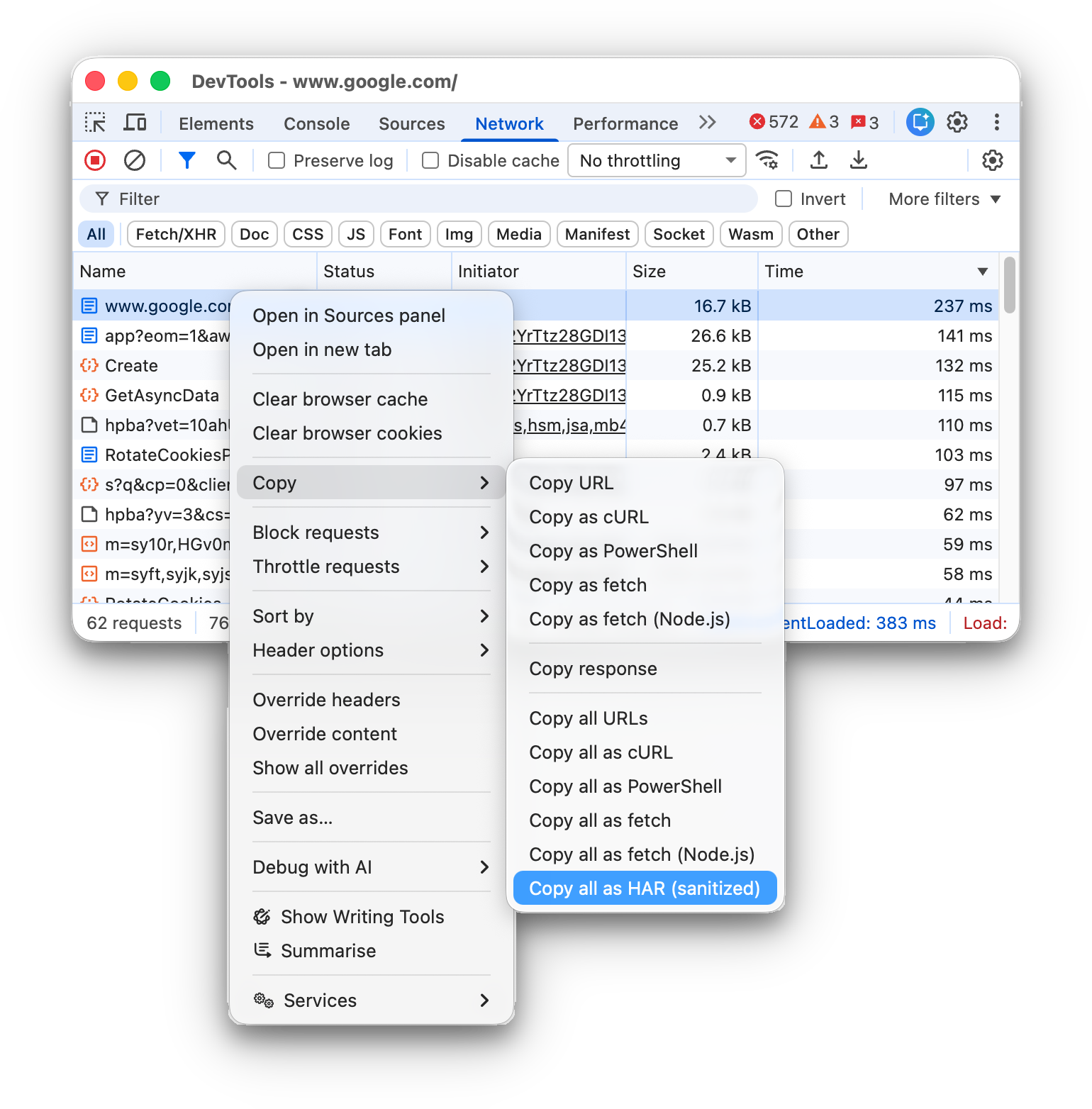 Selecting 'Save all listed as HAR (sanitized)'.