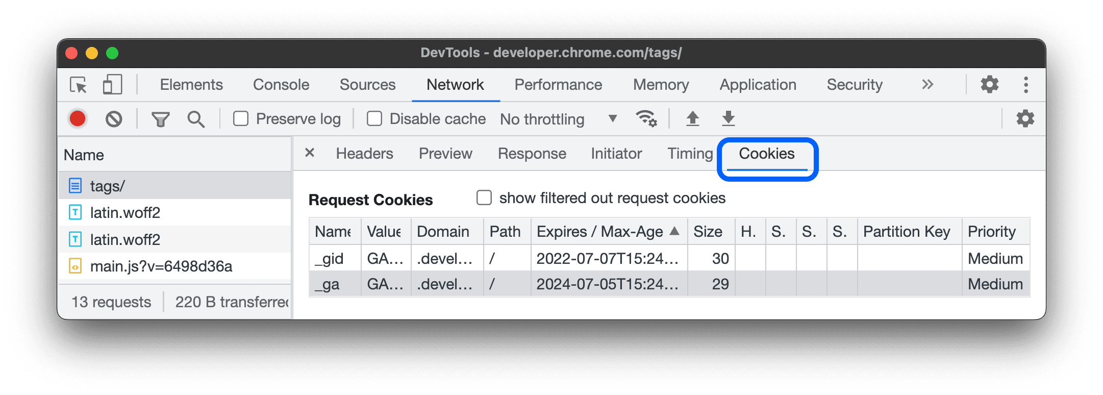 「Cookie」分頁。