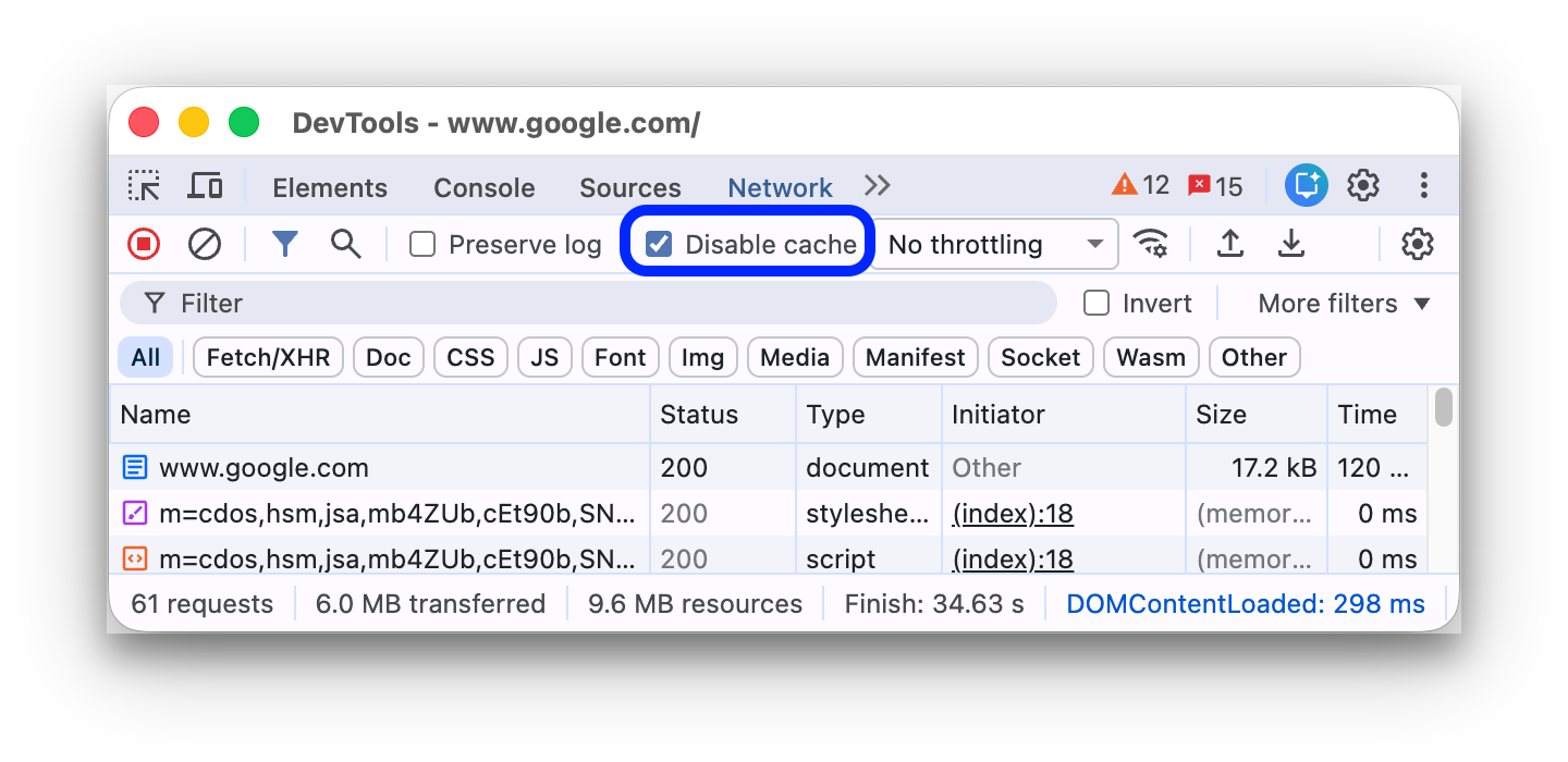 The Disable Cache checkbox on the settings bar.