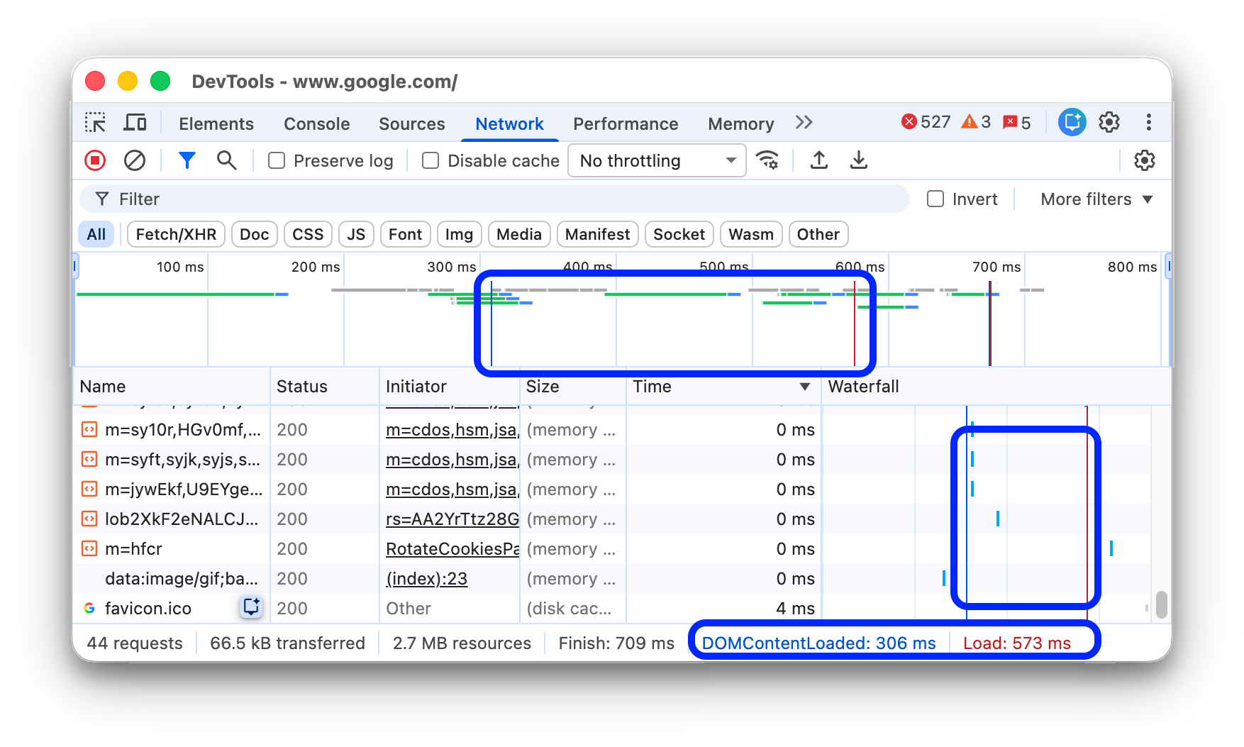 The locations of the DOMContentLoaded and load events on the Network panel.