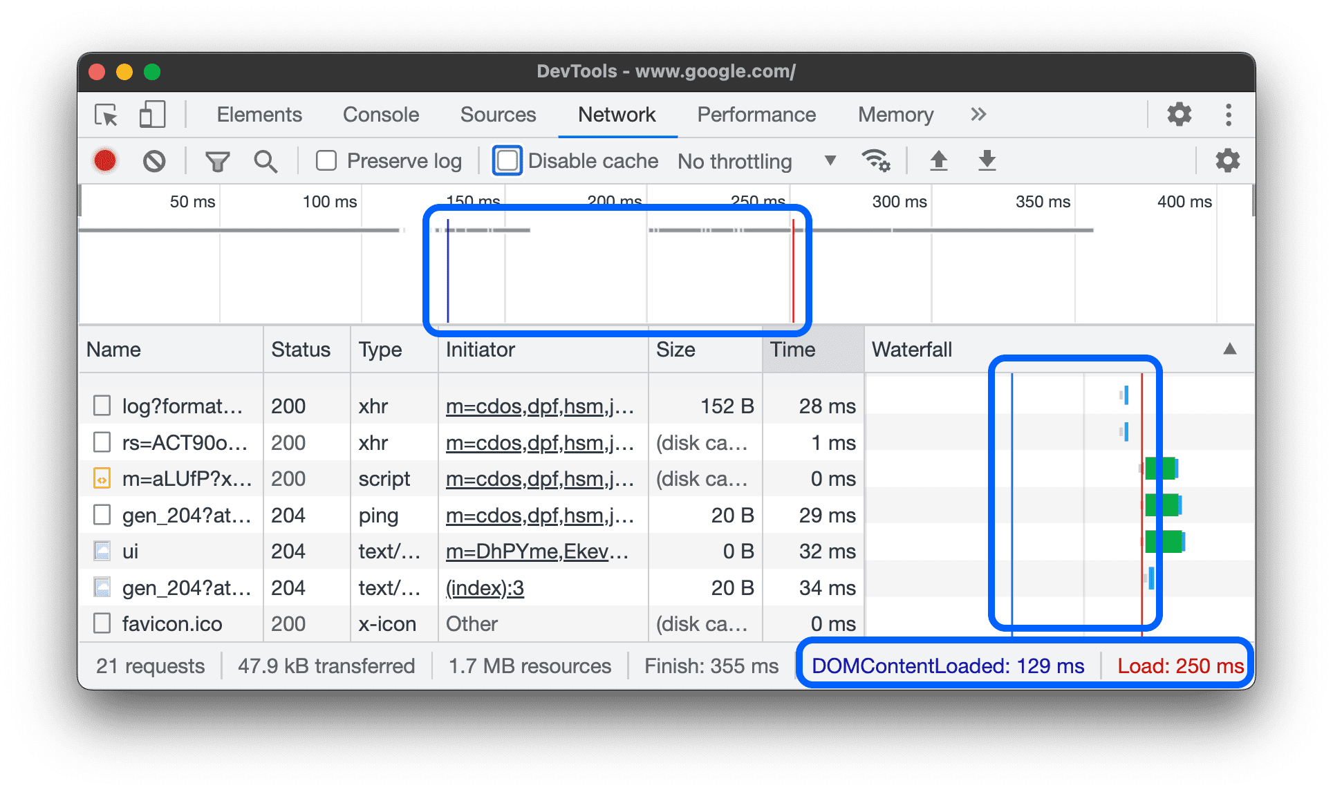 The locations of the DOMContentLoaded and load events on the Network panel.