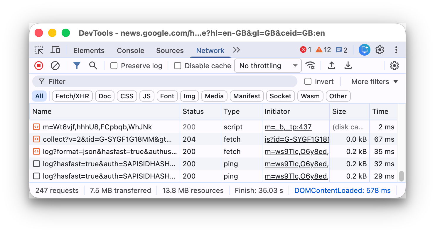 The Chrome DevTools Network panel interface.