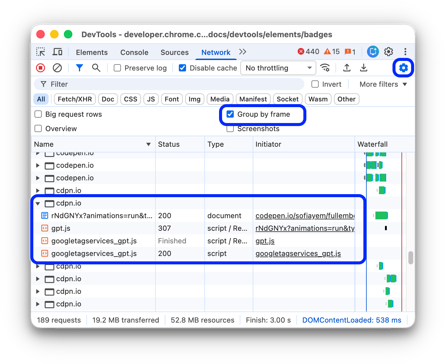 The network request log with requests grouped by iframes.