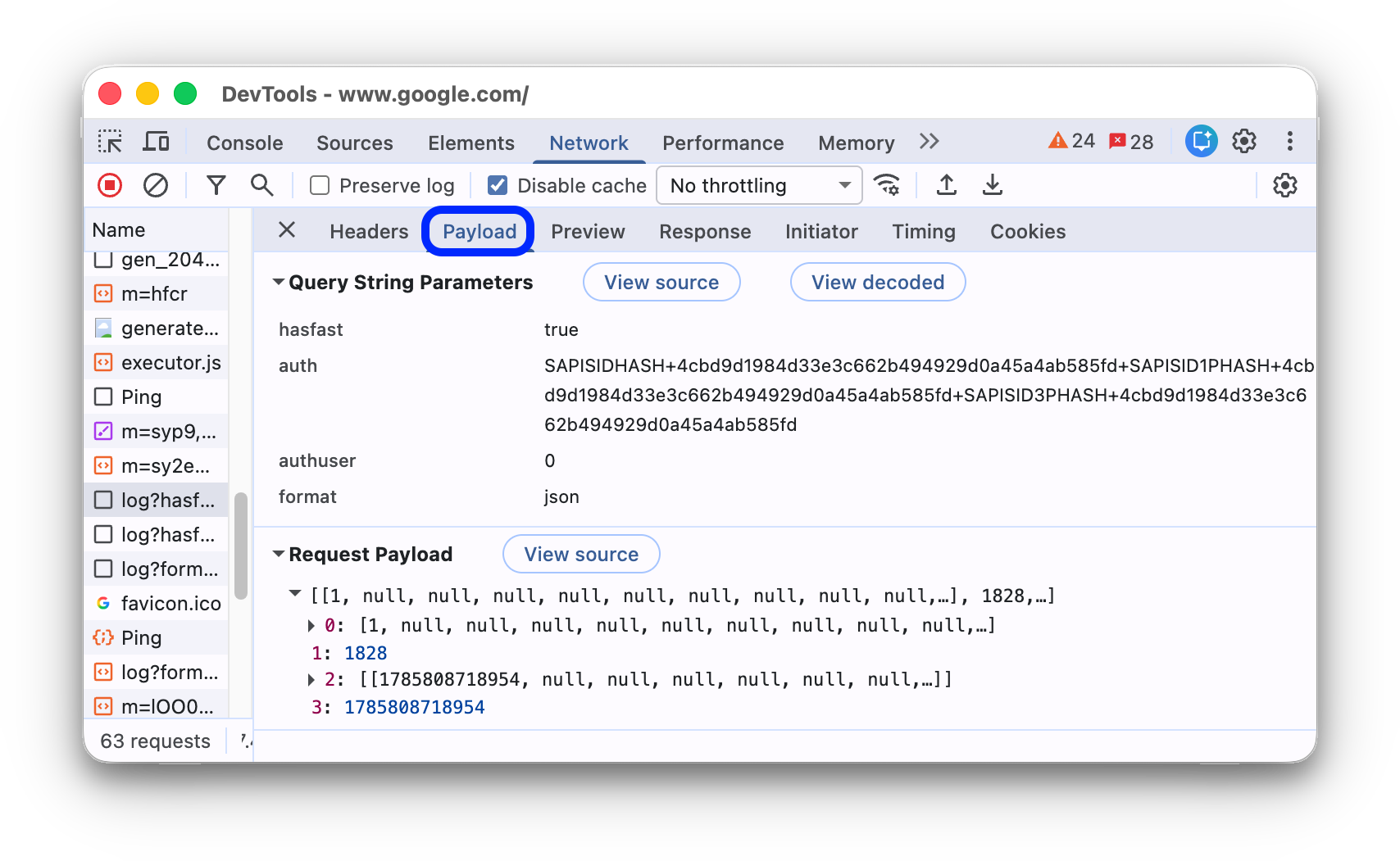 The Payload tab of the selected request showing arguments.