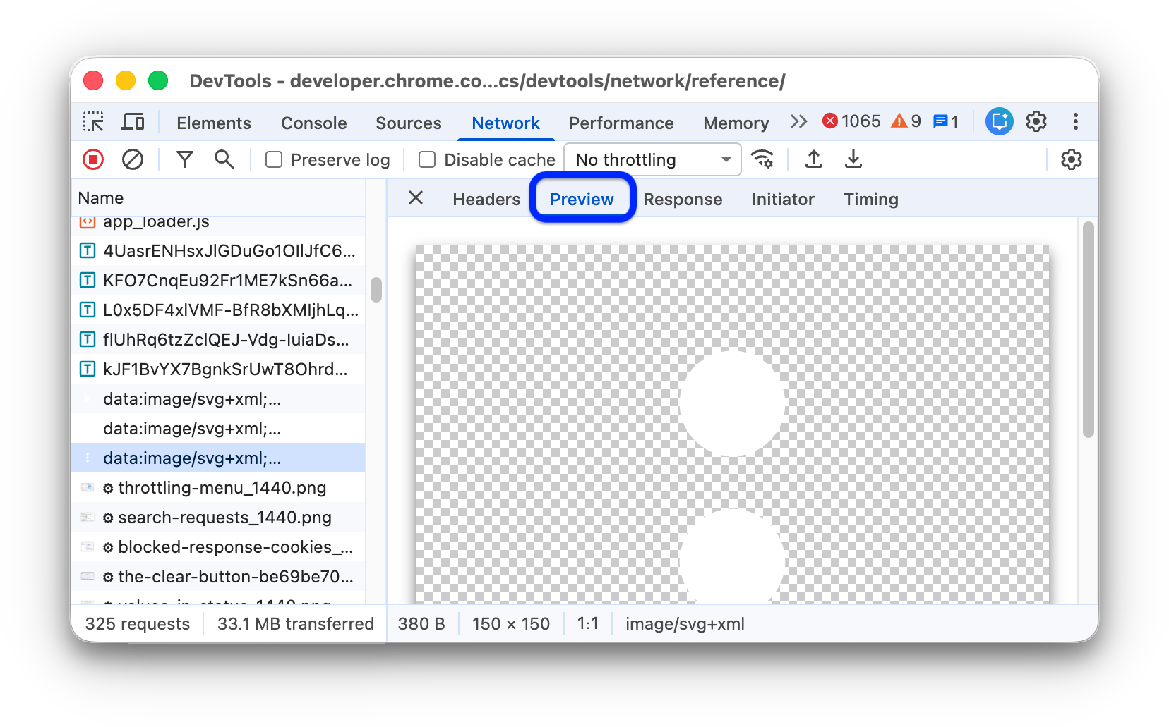 The Preview tab of the selected request.