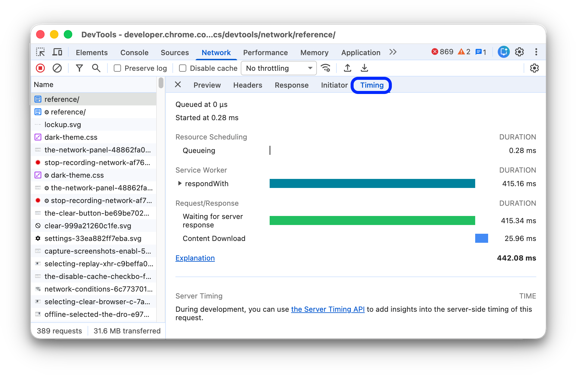 The Timing tab of the selected request showing phase timings.