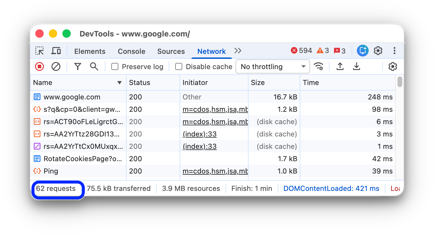 The total number of requests since DevTools was opened.