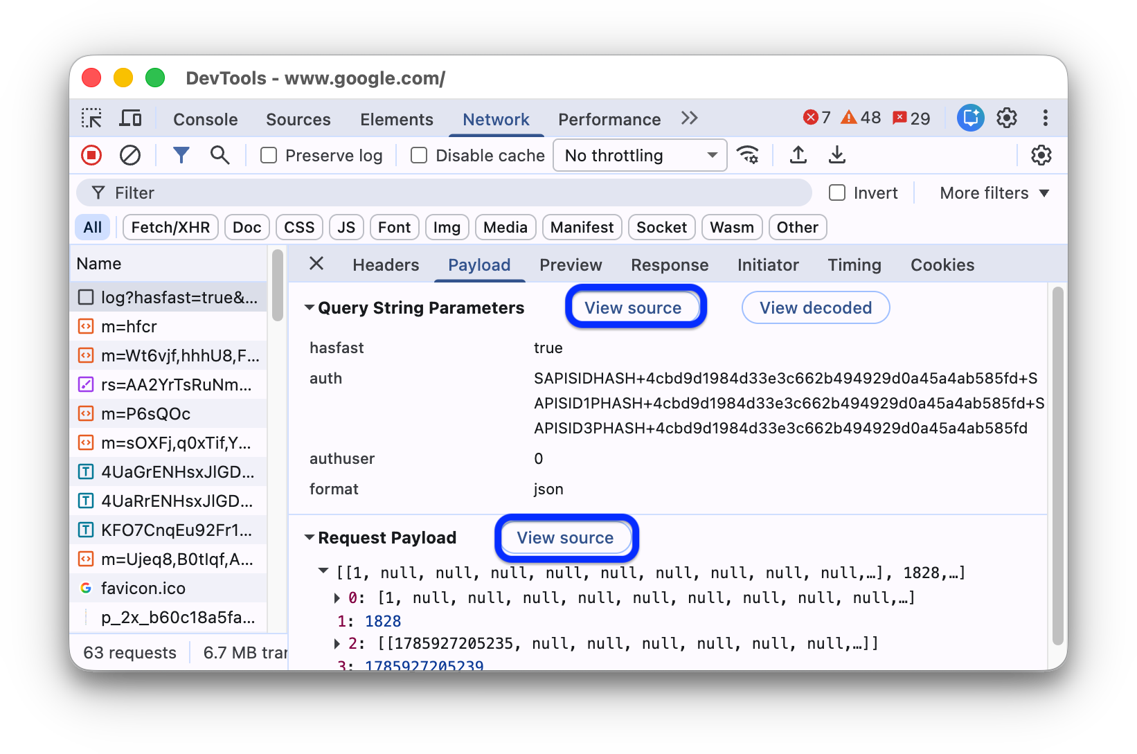 The view source buttons next to payload sections.