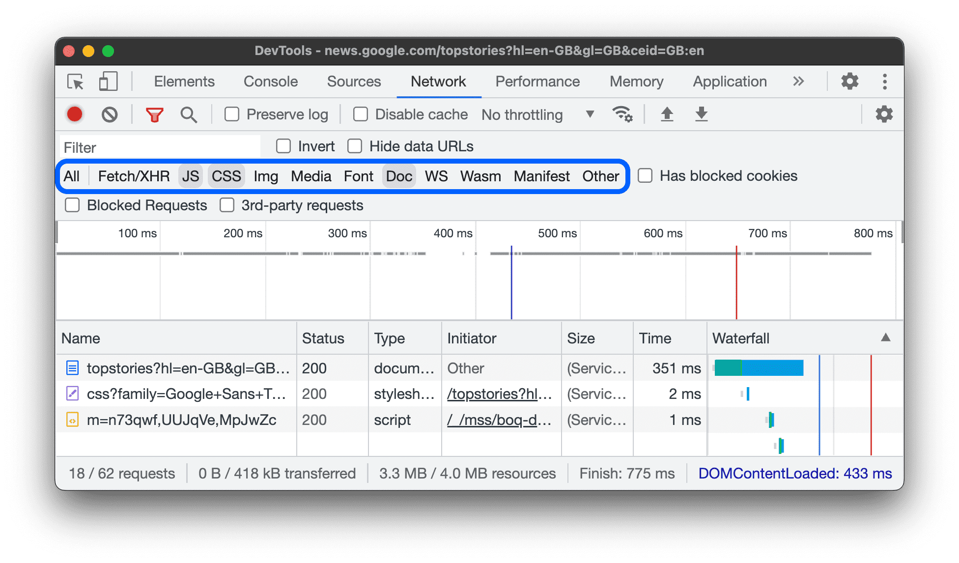 Using the type filters to display CSS and Document resources.
