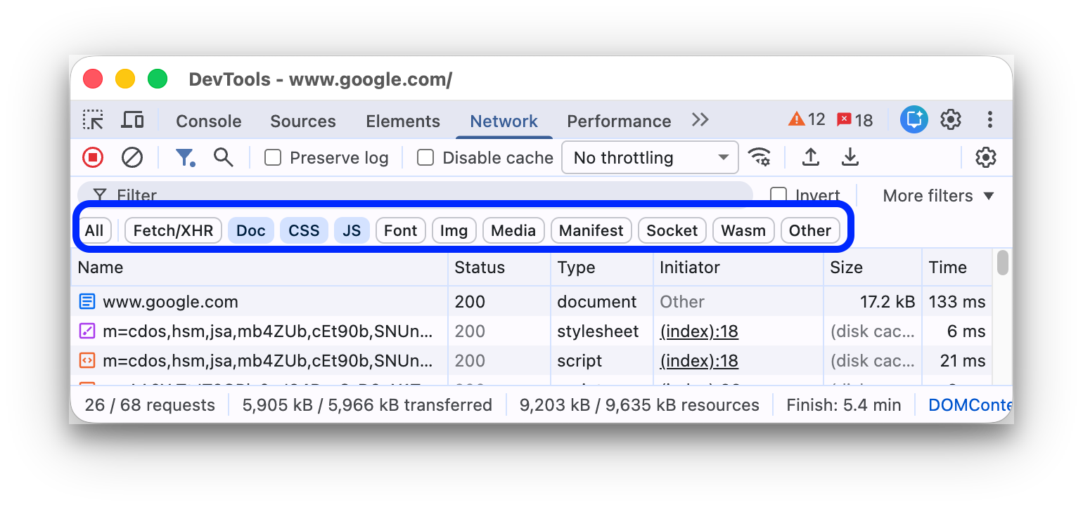 Using the type filters to display CSS and Document resources.