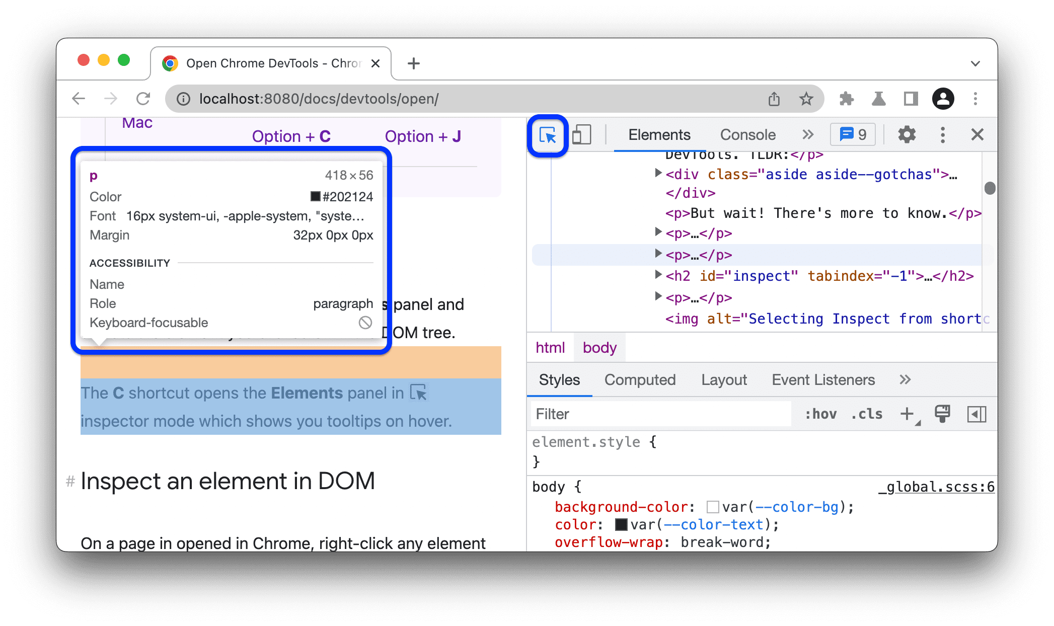 Panel Elements dalam mode inspector dengan tooltip.