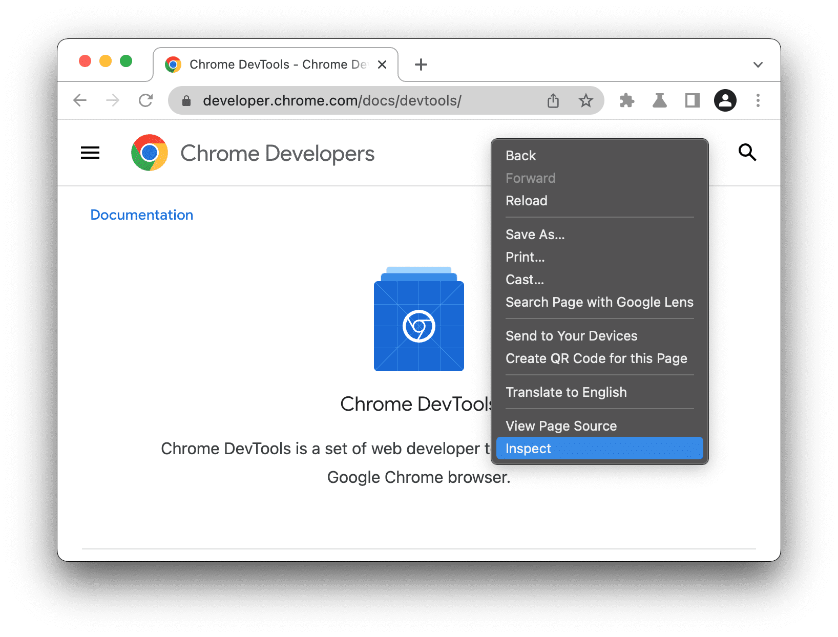 خيار &quot;فحص&quot; في قائمة منسدلة في Chrome