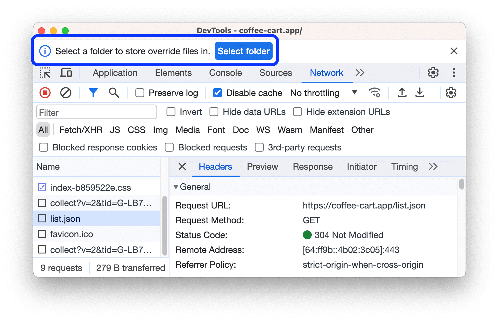 DevTools ti chiede di selezionare una cartella.