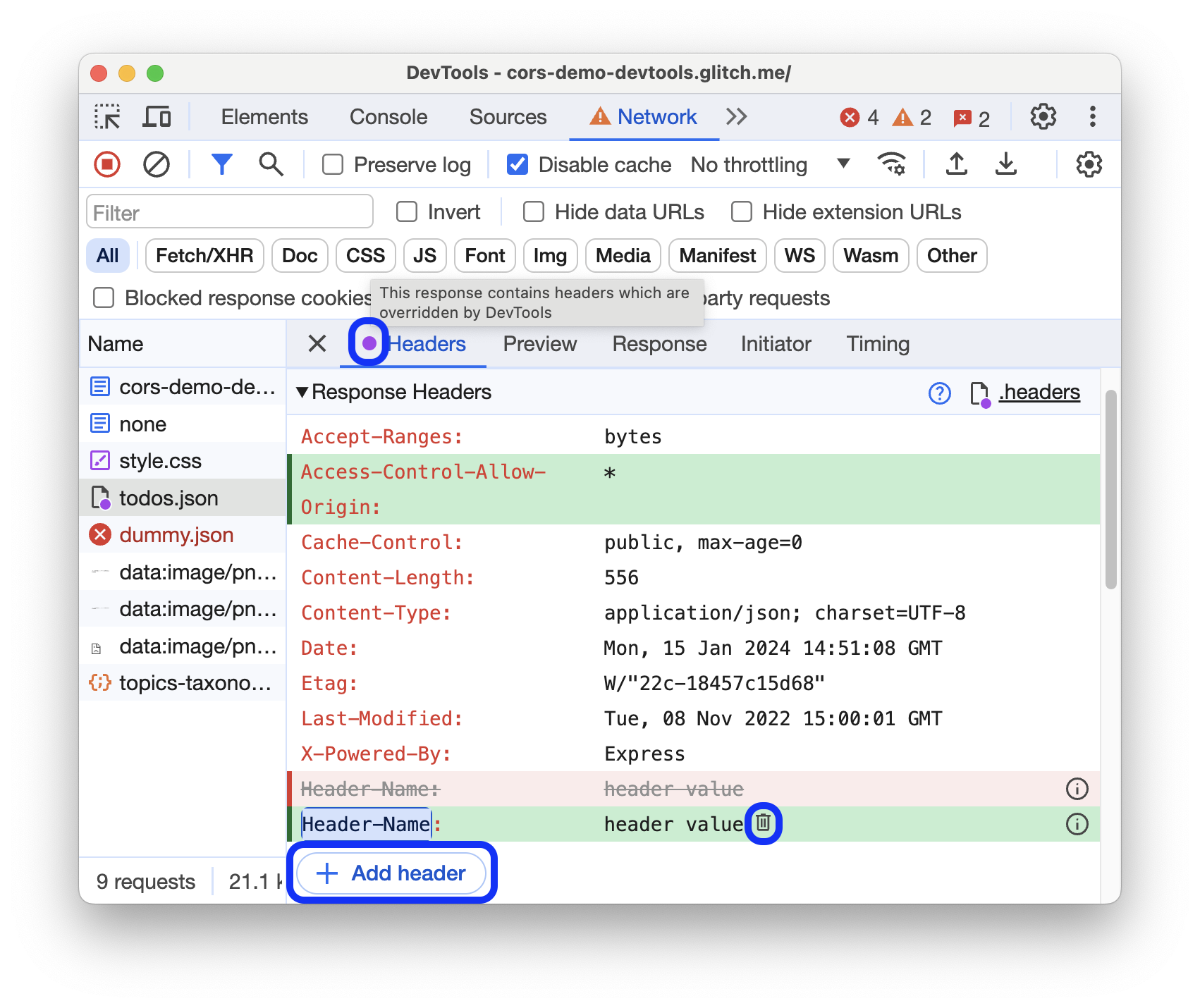 Modifying an existing header value, adding a new one, and removing an override.