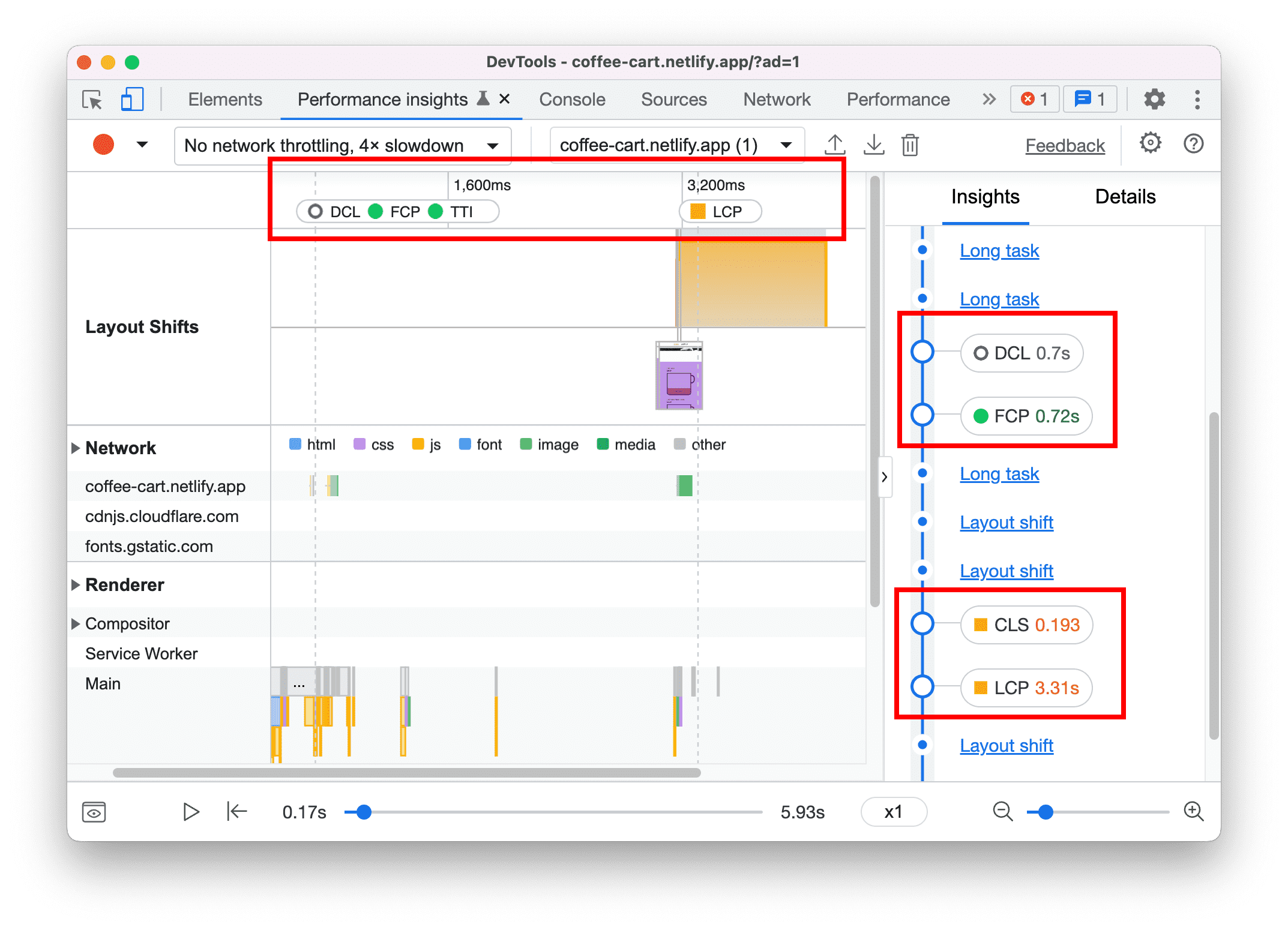 Web Vitals のパフォーマンス指標を表示する。