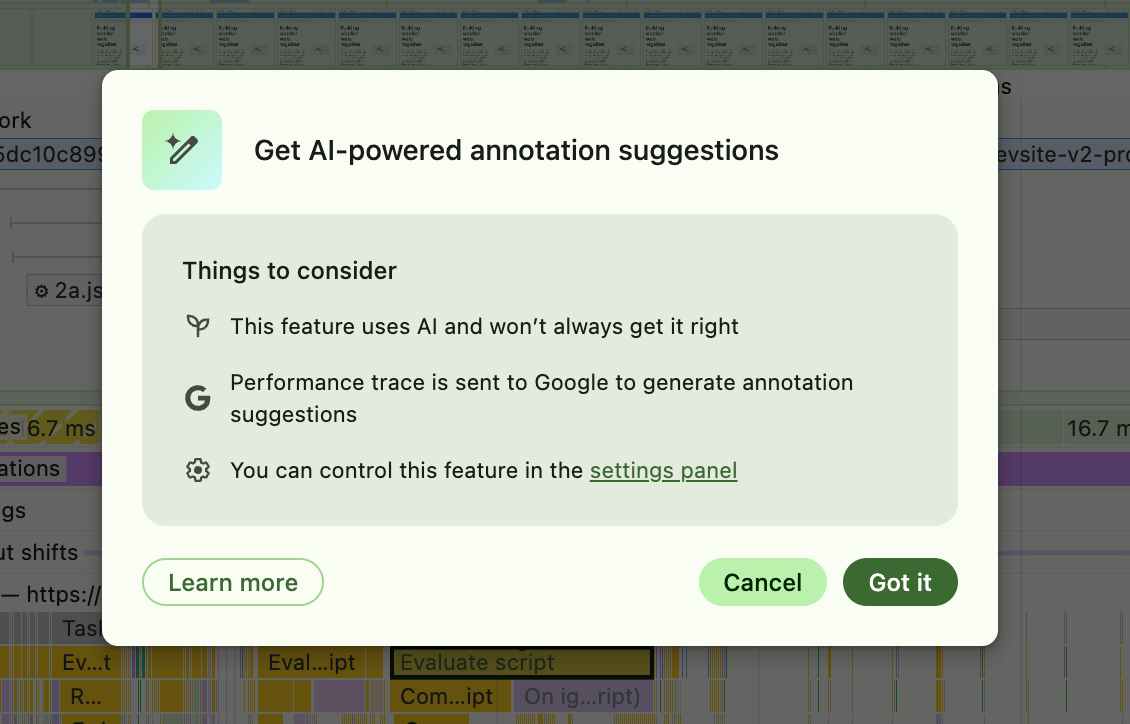 Invite à prendre en compte les annotations expliquant que l&#39;IA peut parfois se tromper, qu&#39;elle fonctionne en envoyant les données de trace nécessaires à Google pour analyse et suggestion, et que vous pouvez contrôler cette fonctionnalité dans l&#39;onglet &quot;Paramètres&quot;.