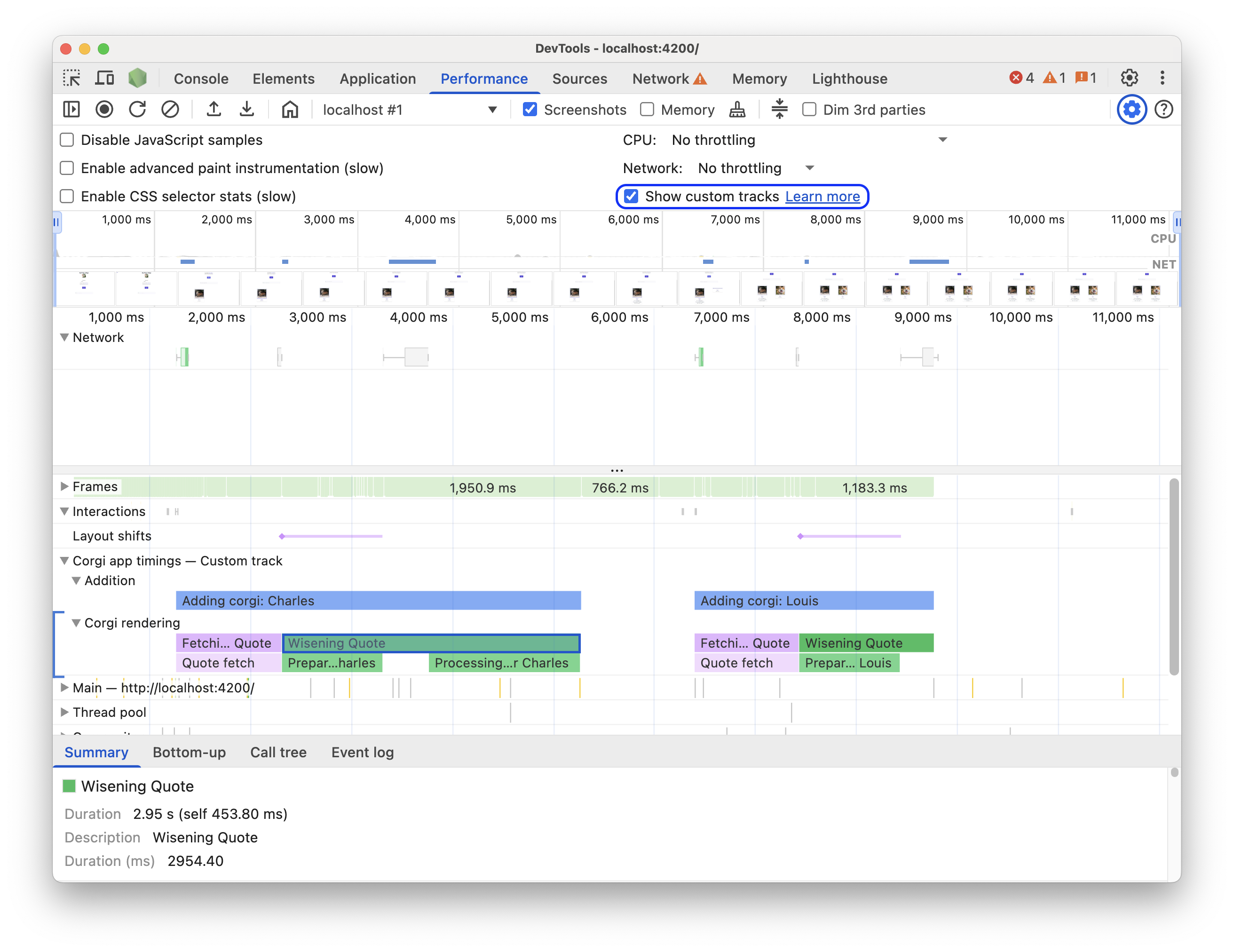 The 'Show custom tracks' checkbox in the 'Capture settings' of the Performance panel.