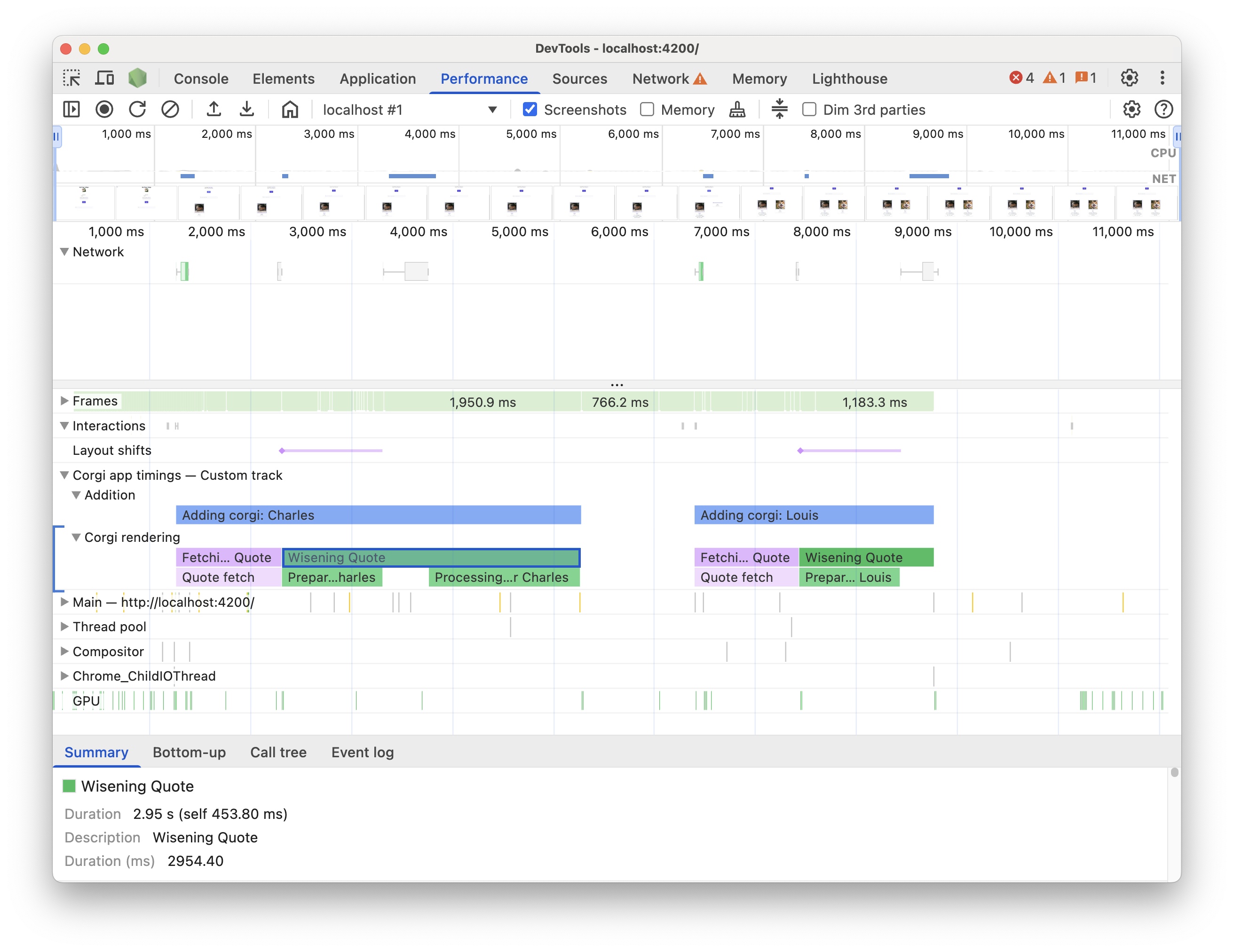 Exemplo de como as faixas personalizadas aparecem no painel "Performance".