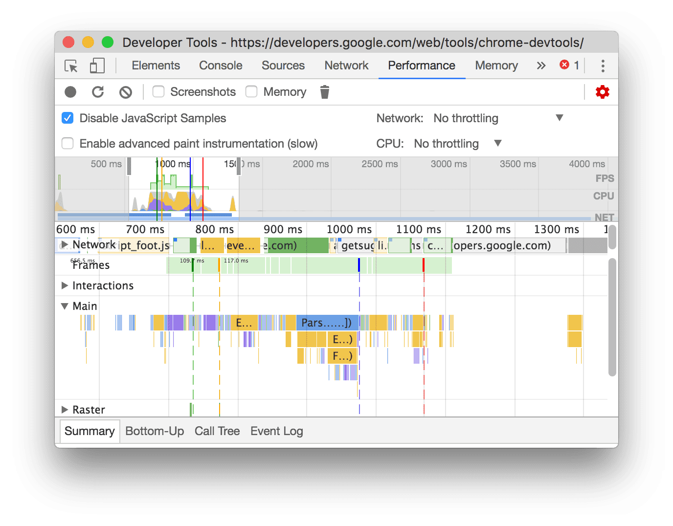 Ejemplo de una grabación cuando los samples de JS están inhabilitados.