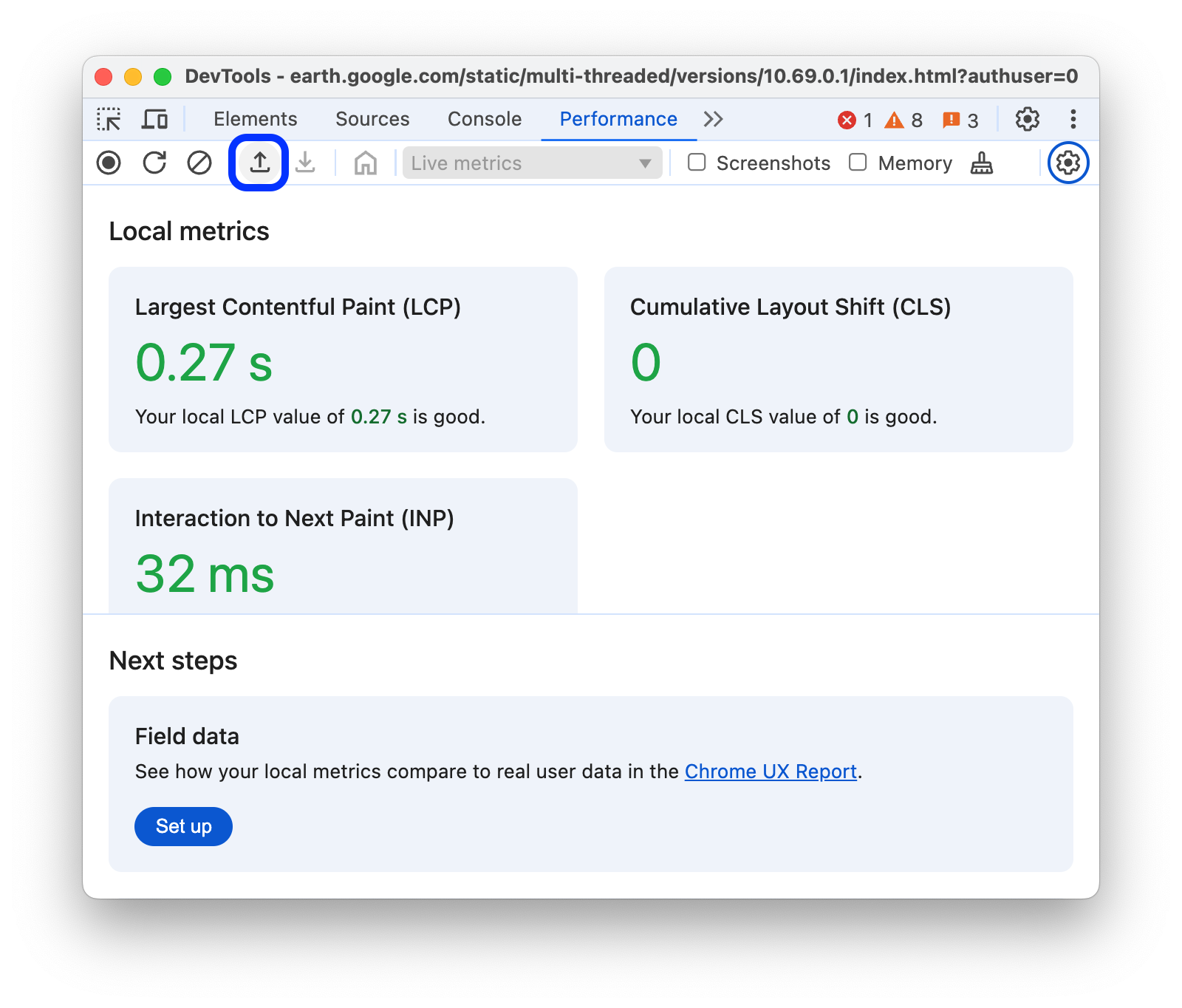 Tombol Load trace di panel tindakan.