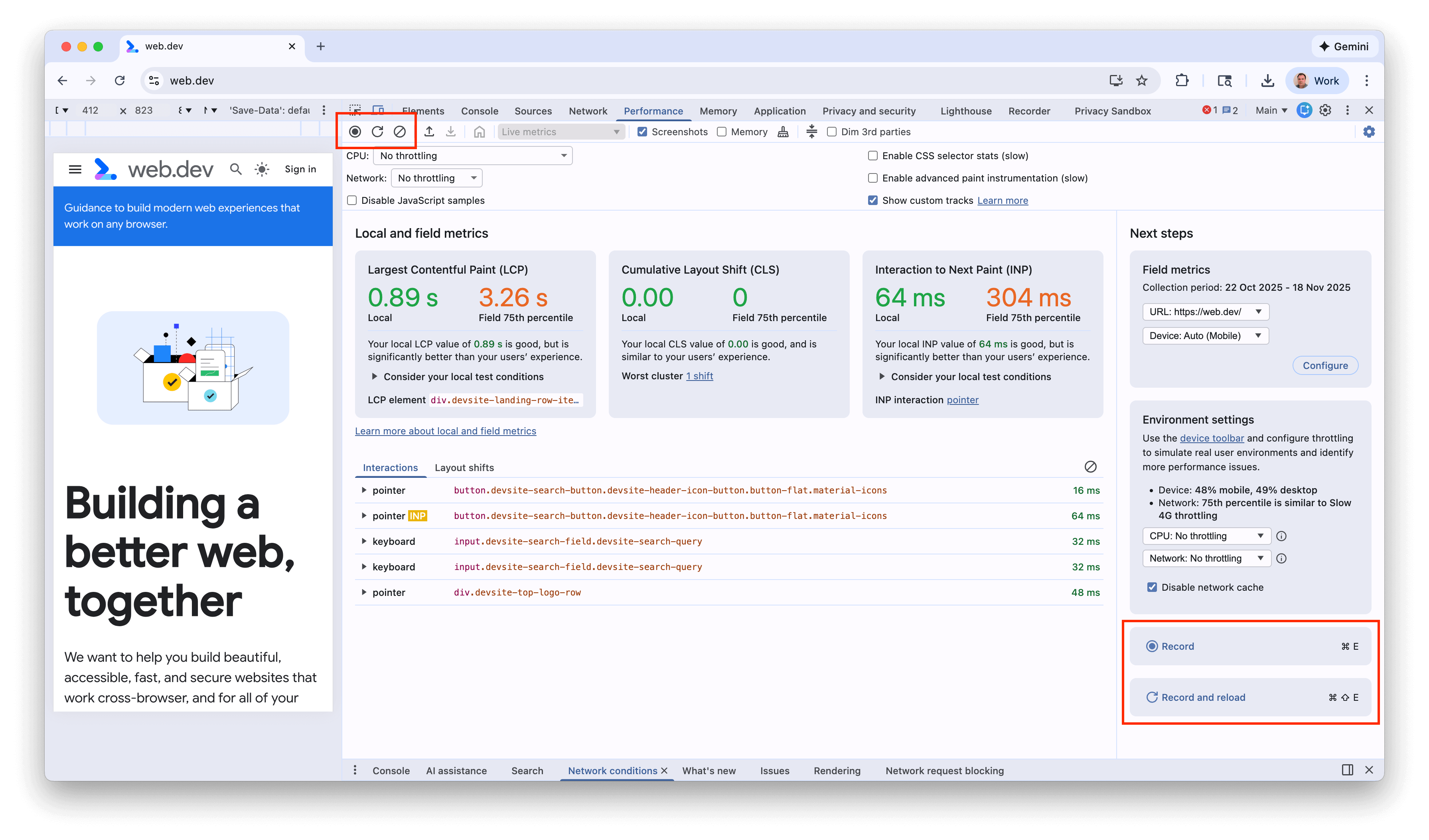 Các nút ghi lại dấu vết hiệu suất nằm ở góc trên cùng bên trái và góc dưới cùng bên phải của màn hình.