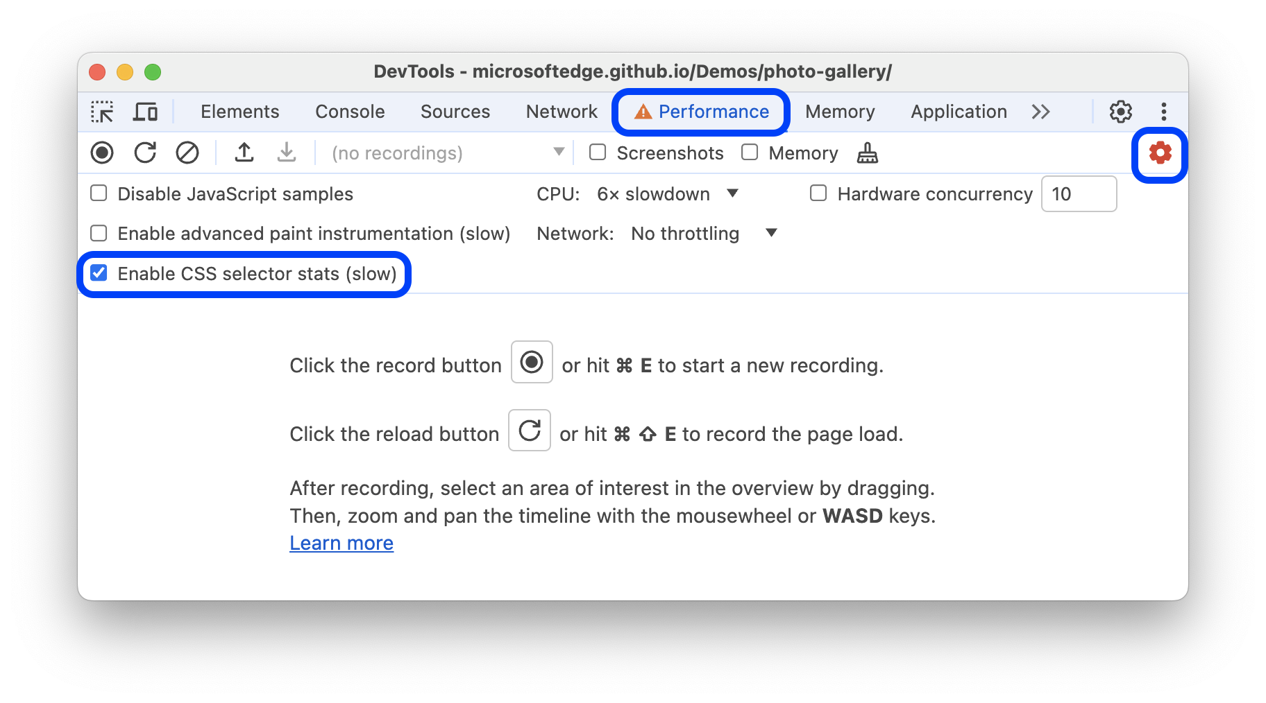 Criou a opção &quot;Ativar estatísticas do seletor de CSS&quot;. do ambiente.