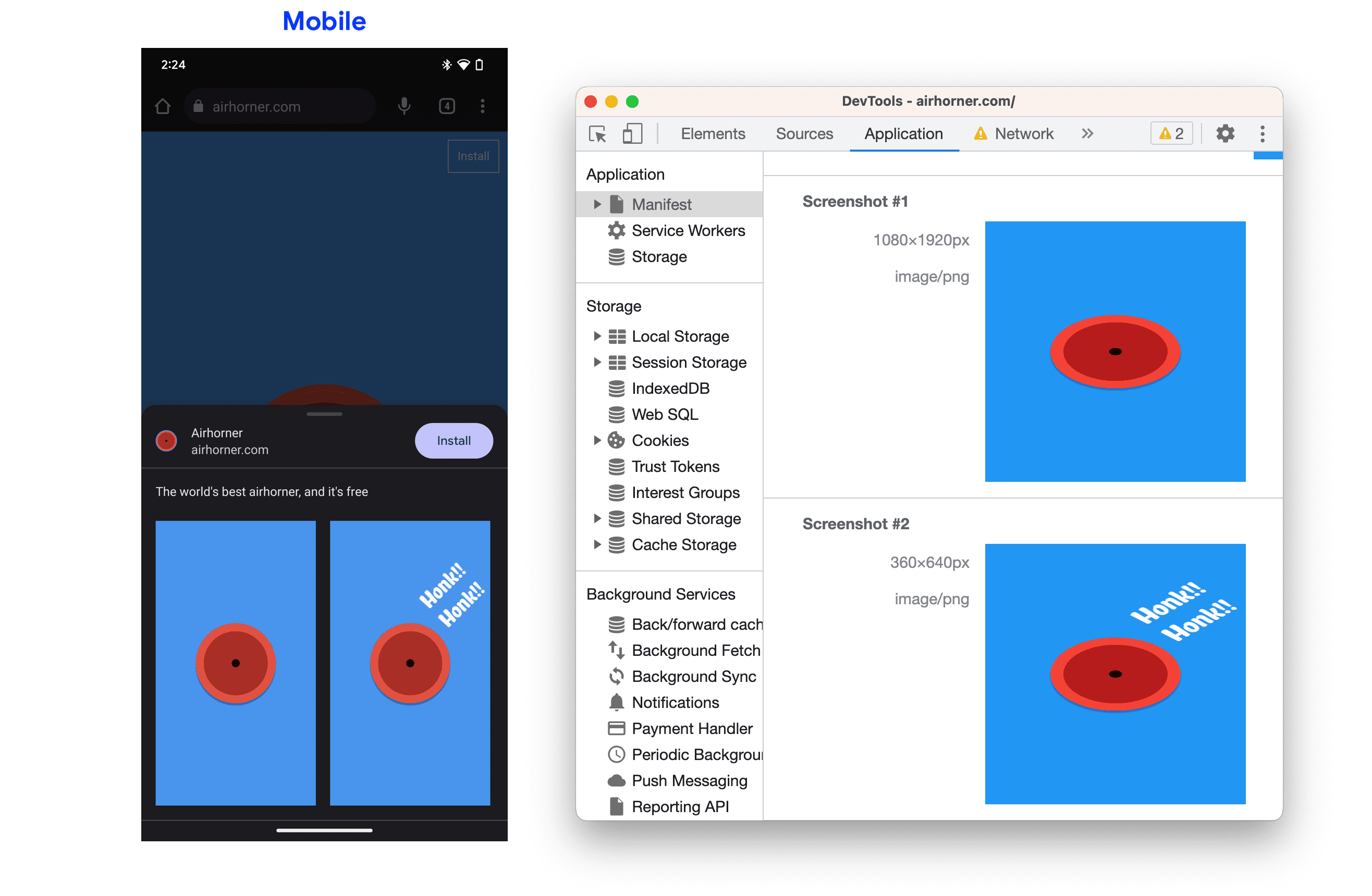 インストール ダイアログと [マニフェスト] タブのスクリーンショット