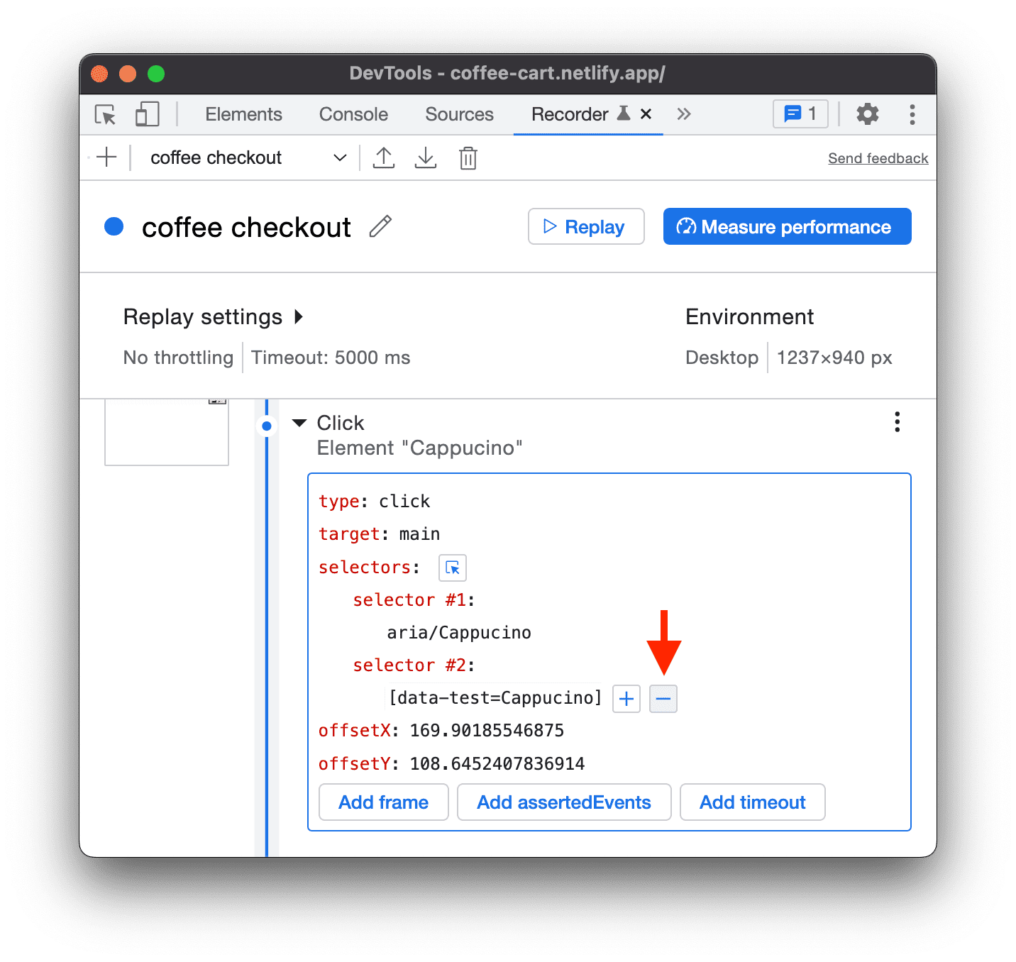 DevTools의 Recorder 패널에 선택기 삭제 옵션이 표시됩니다.