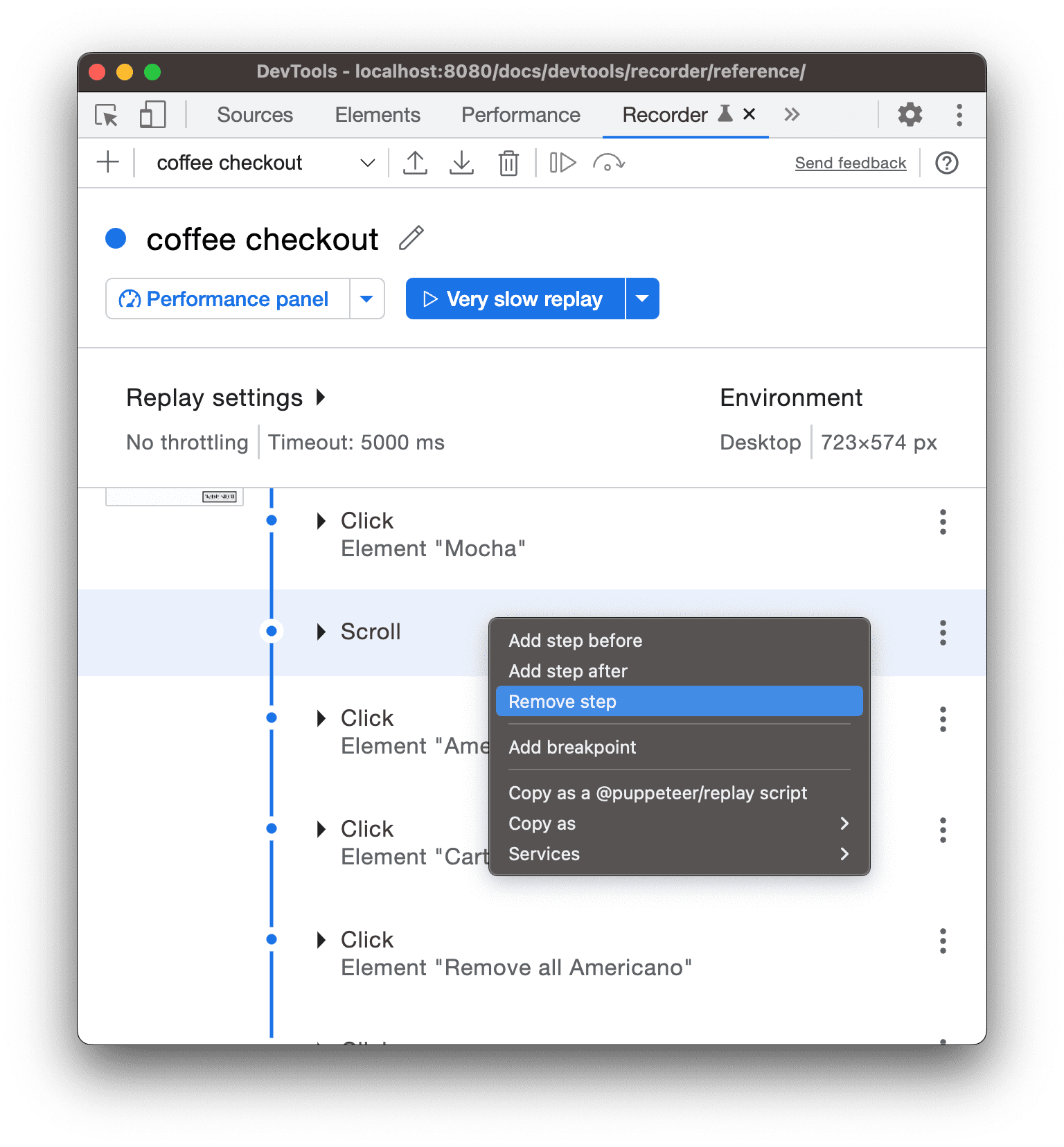 O menu suspenso de uma etapa com opções para remover e adicionar etapas antes ou depois.