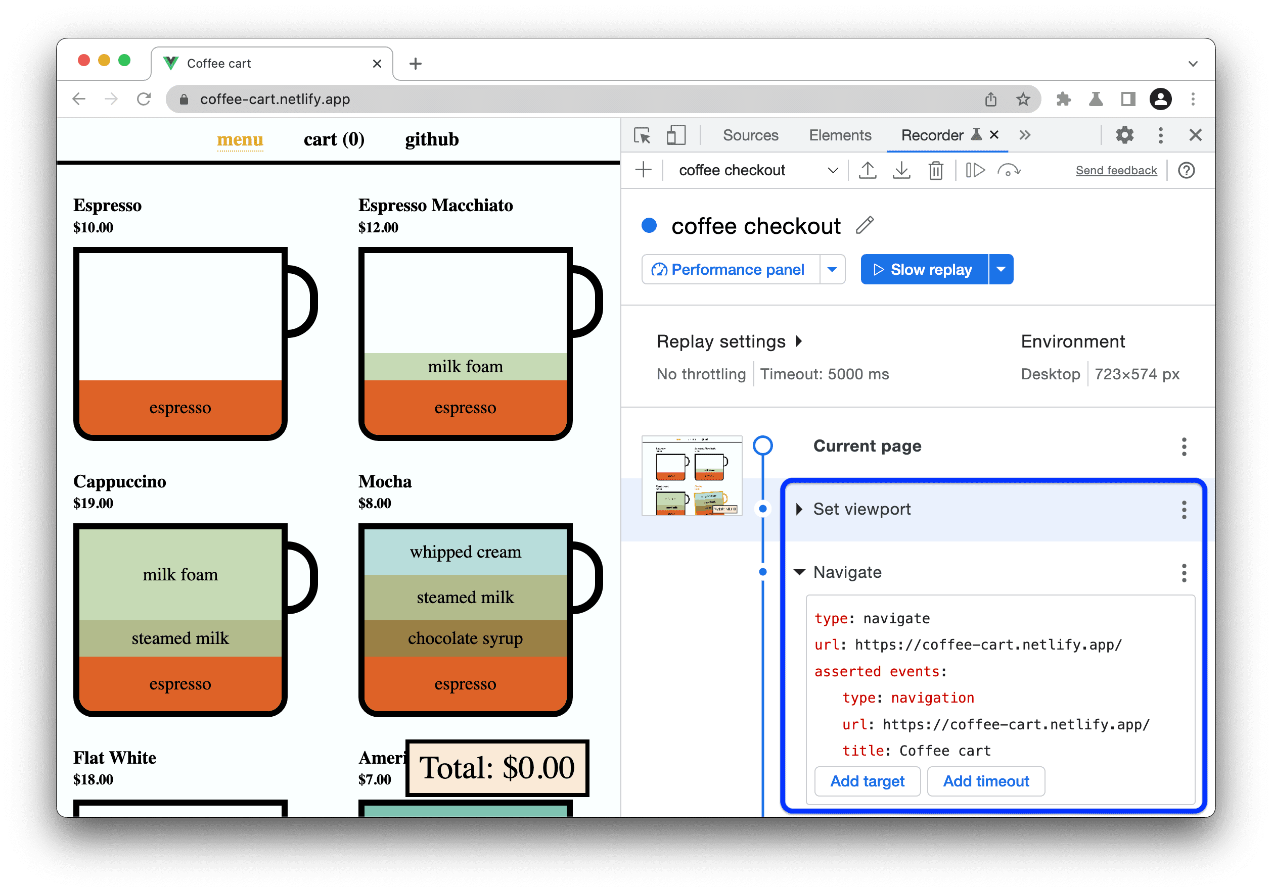 Enregistrement avec le viewport défini et les étapes de navigation.