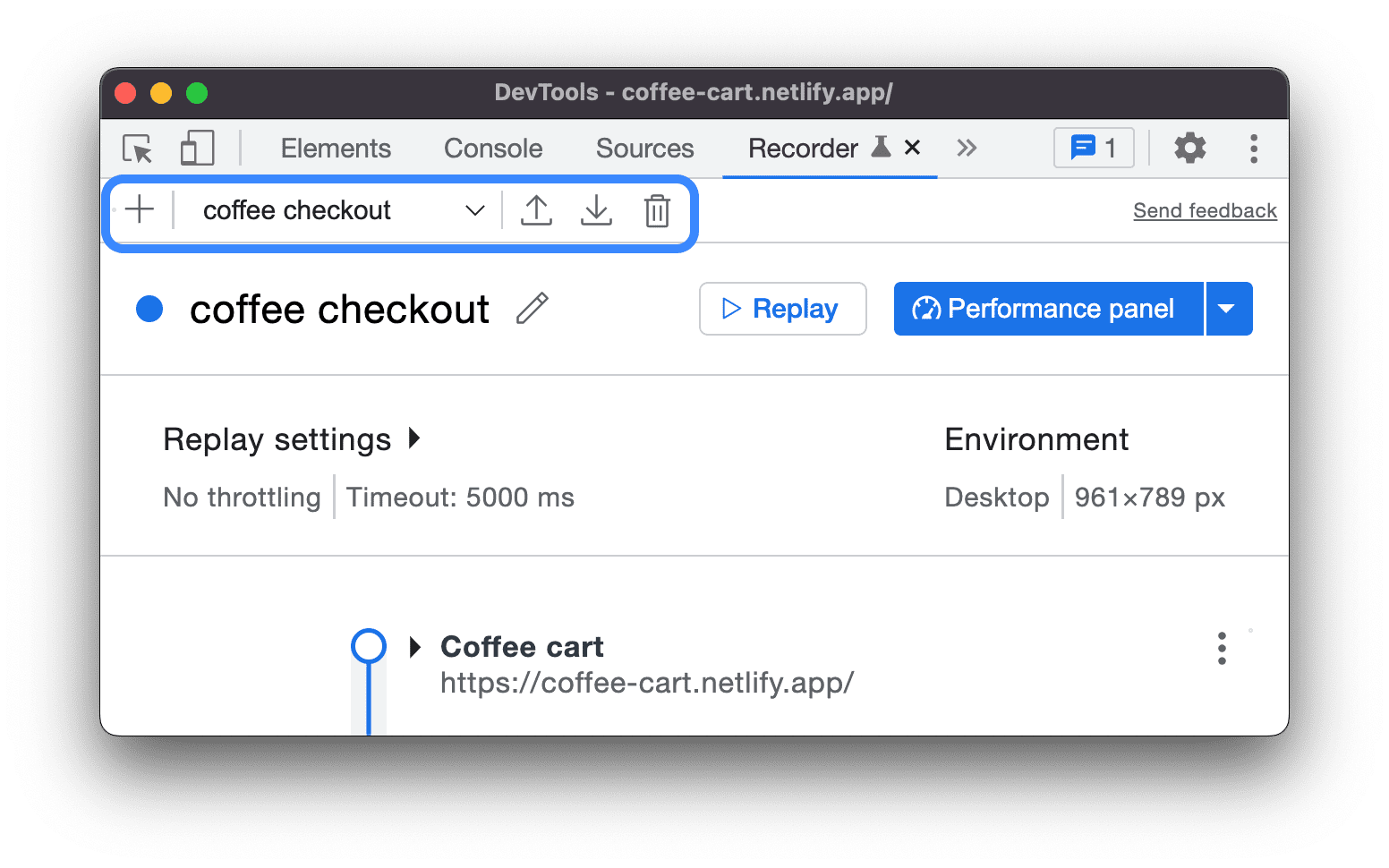 Dans les outils de développement, le haut du panneau &quot;Enregistreur&quot; contient un menu déroulant qui vous permet de sélectionner le parcours utilisateur à modifier.