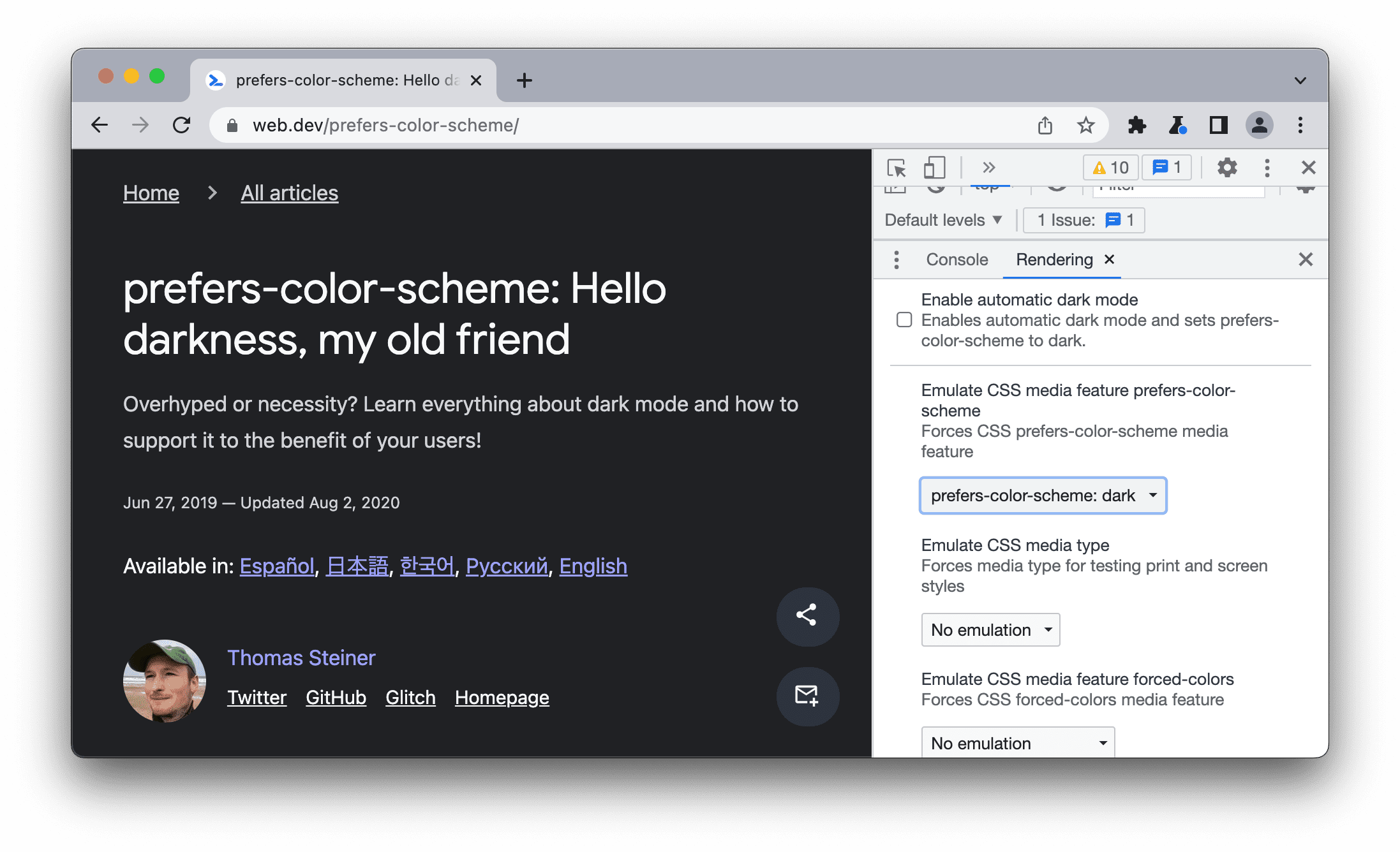 模拟的 prefers-color-scheme:dark